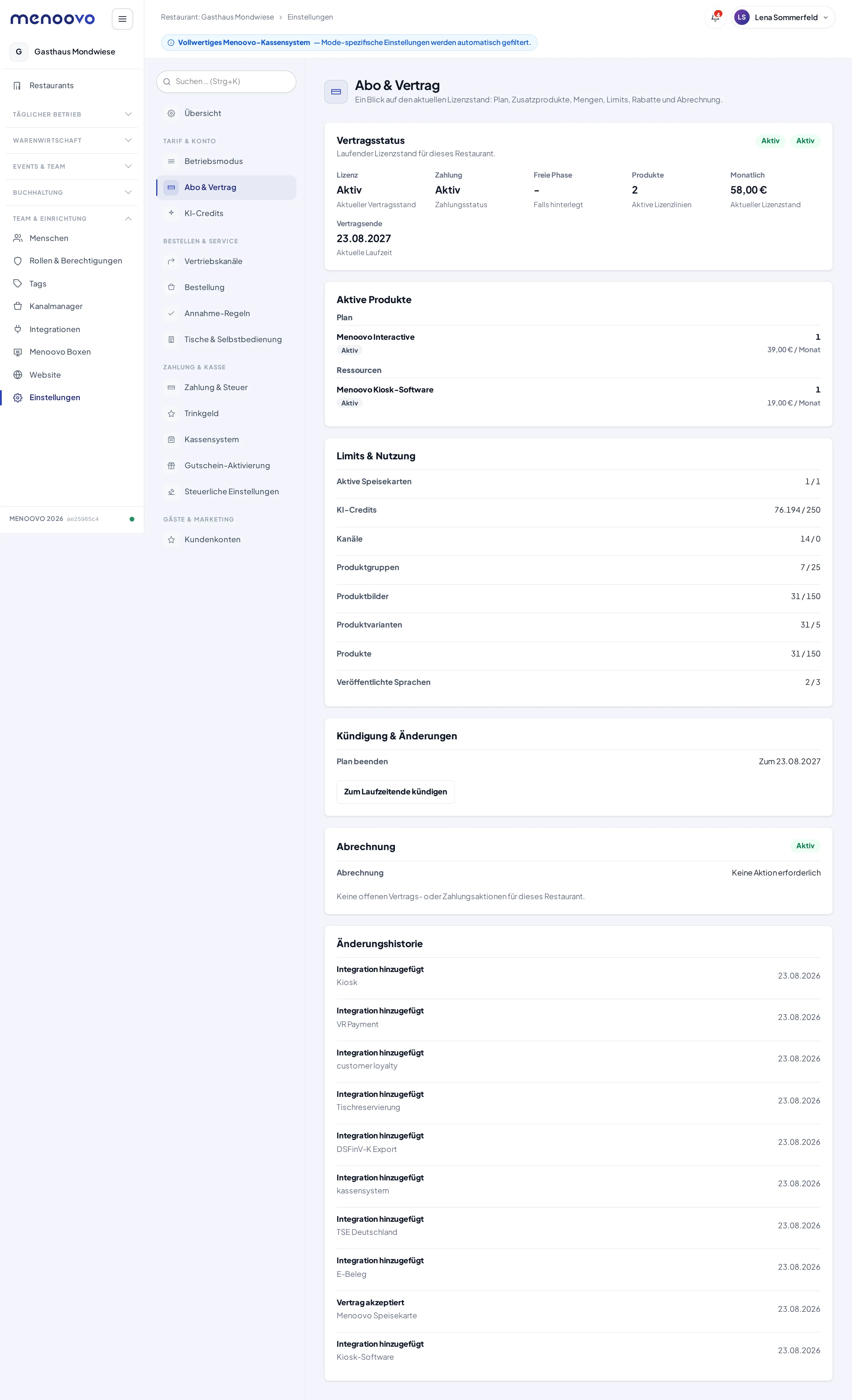 Das Abo-und-Vertrag-Panel mit Vertragsstatus, aktiven Produkten, Limits, Kündigung, Abrechnung und Änderungshistorie