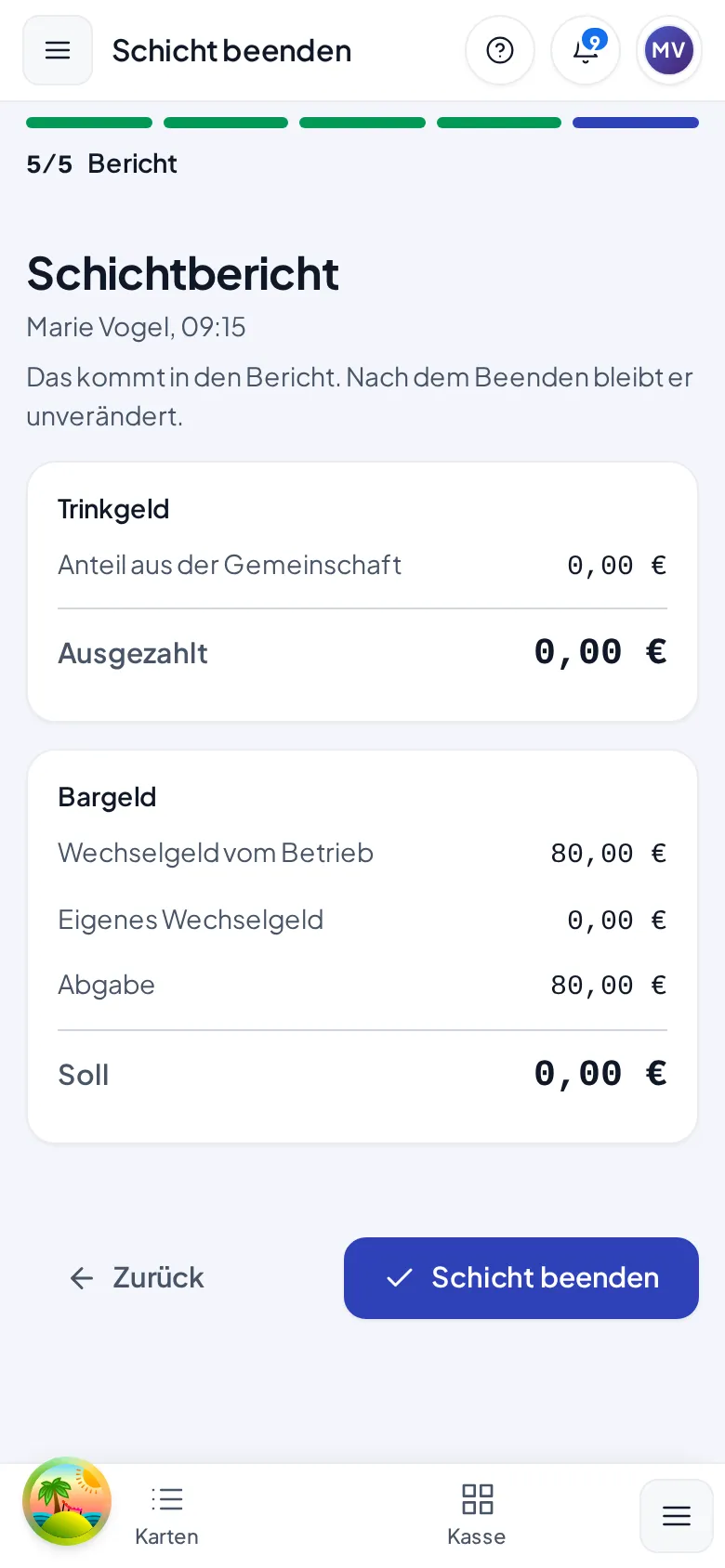 Der Schritt Bericht mit Trinkgeld und Bargeld vor dem Beenden