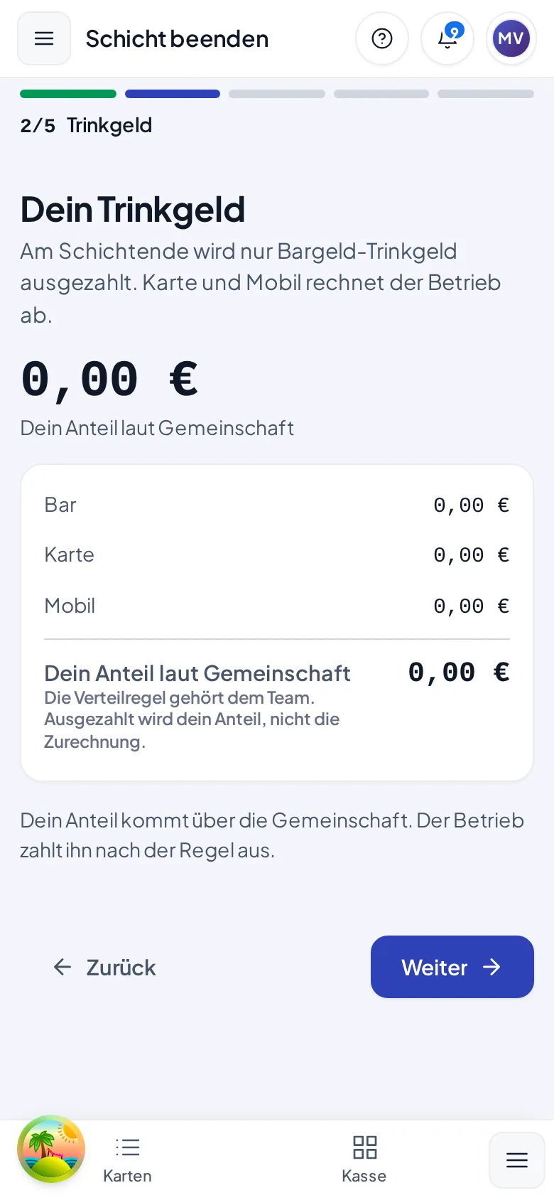 Der Schritt Trinkgeld mit den Kanälen bar, Karte und mobil
