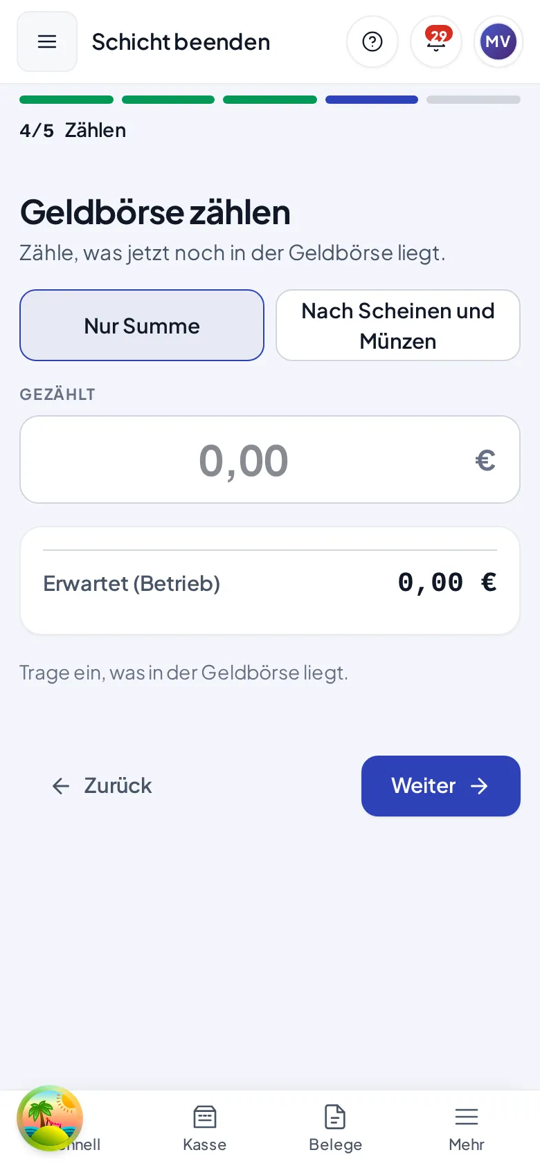 Der Schritt Zählen mit Gezählt, Gezählt (Betrieb), Erwartet (Betrieb) und Differenz