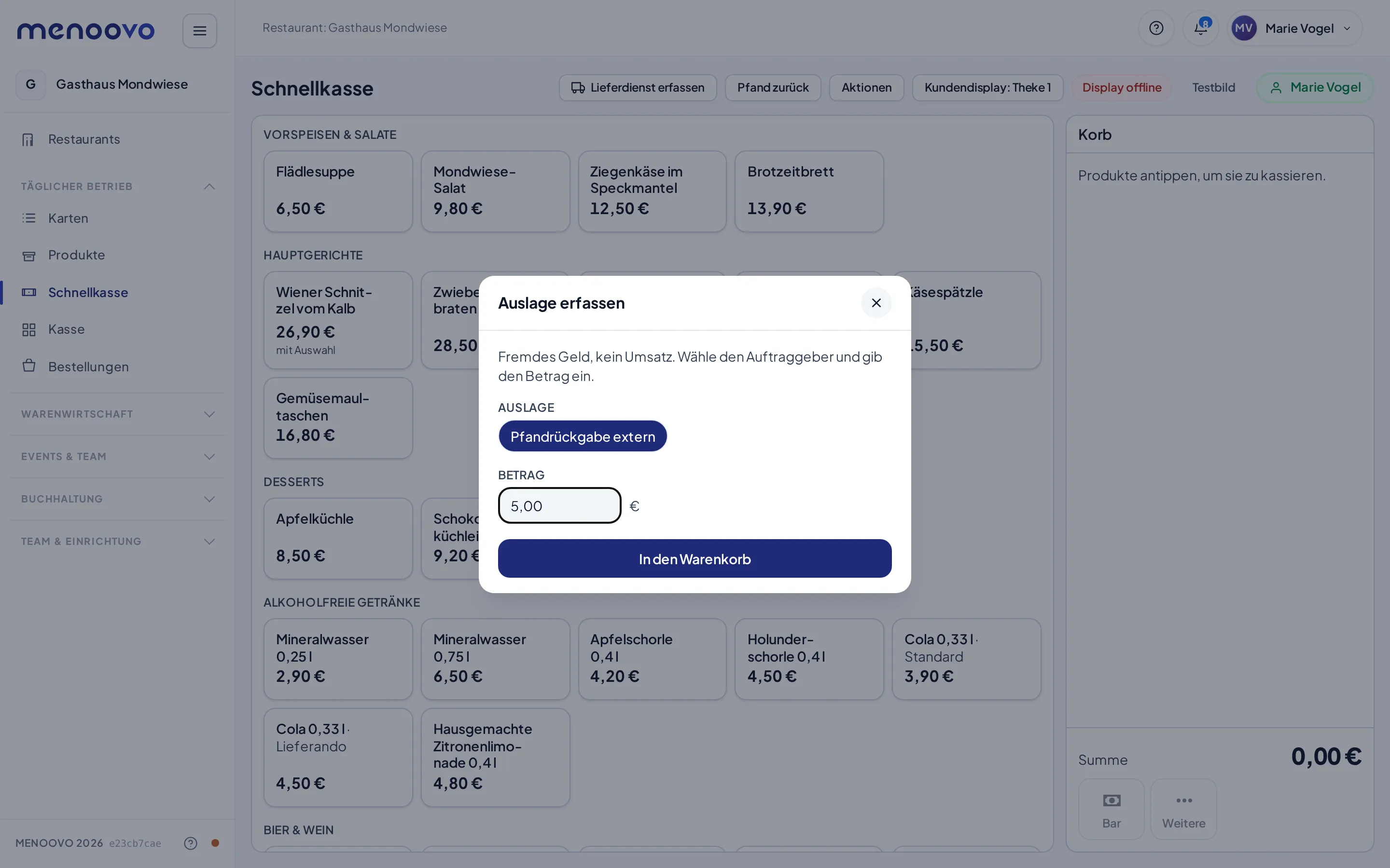 Der Dialog „Auslage erfassen“ mit ausgewählter Kachel und eingetragenem Betrag