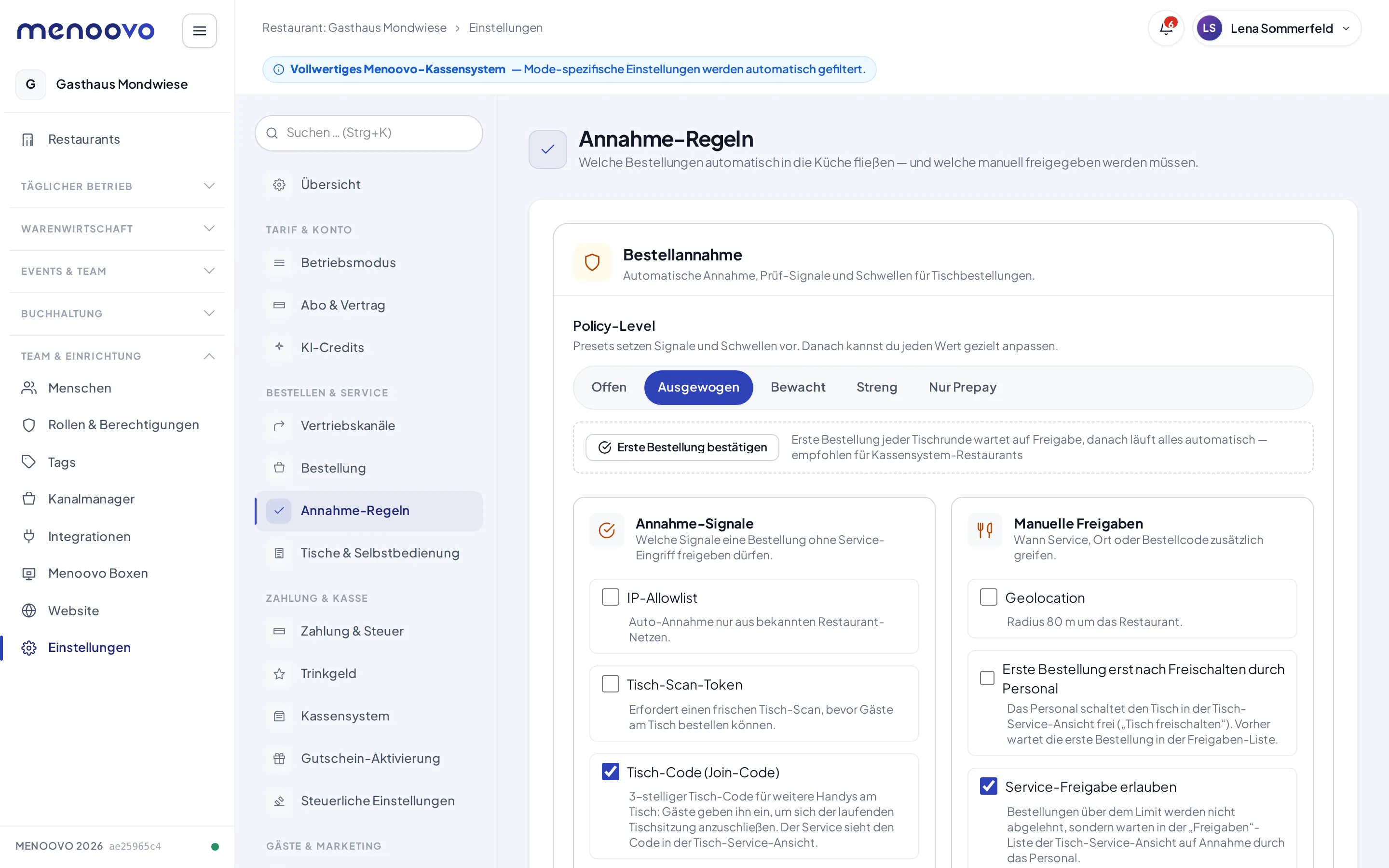 Die Seite Annahme-Regeln mit Policy-Level, Schnellwahl und den Signal-Feldern