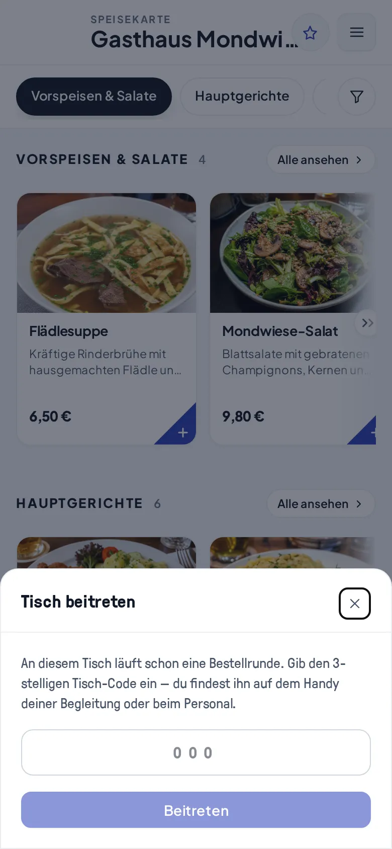 Der Dialog „Tisch beitreten“ mit dem Eingabefeld für den 3-stelligen Tisch-Code