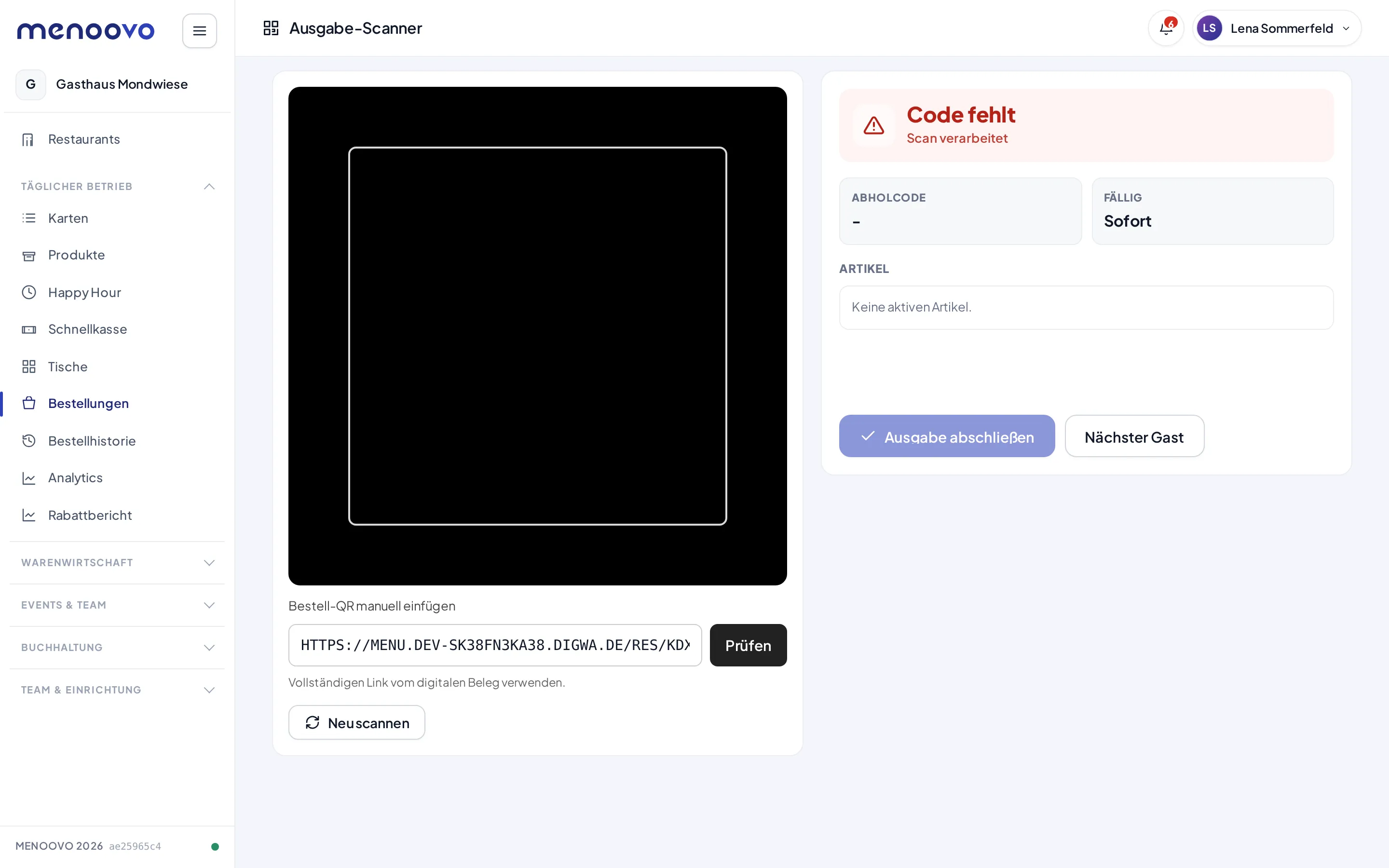 Der Ausgabe-Scanner mit einer roten Fehlermeldung nach einem ungültigen Link