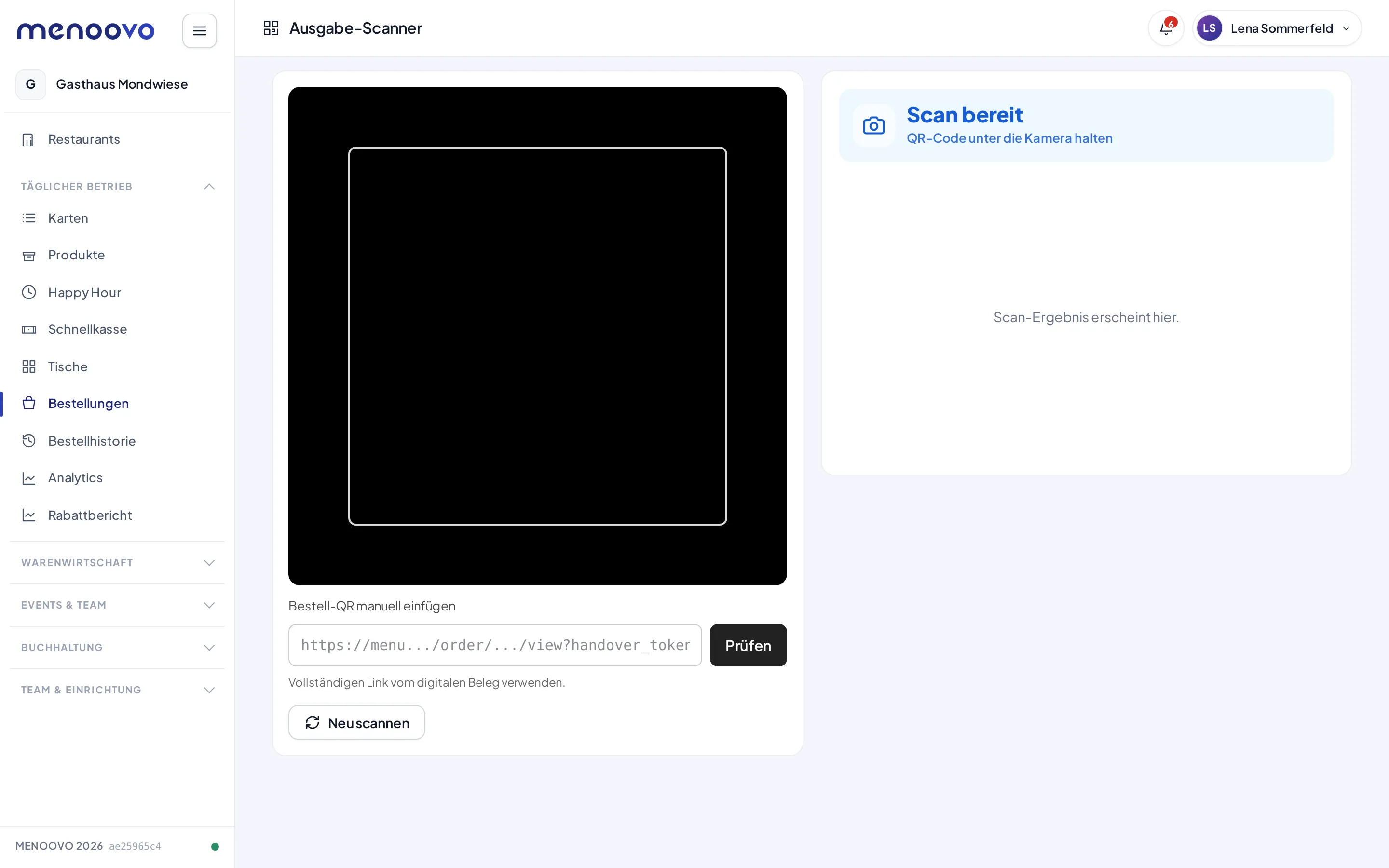 Der Ausgabe-Scanner mit Kamerafeld und dem Status Scan bereit