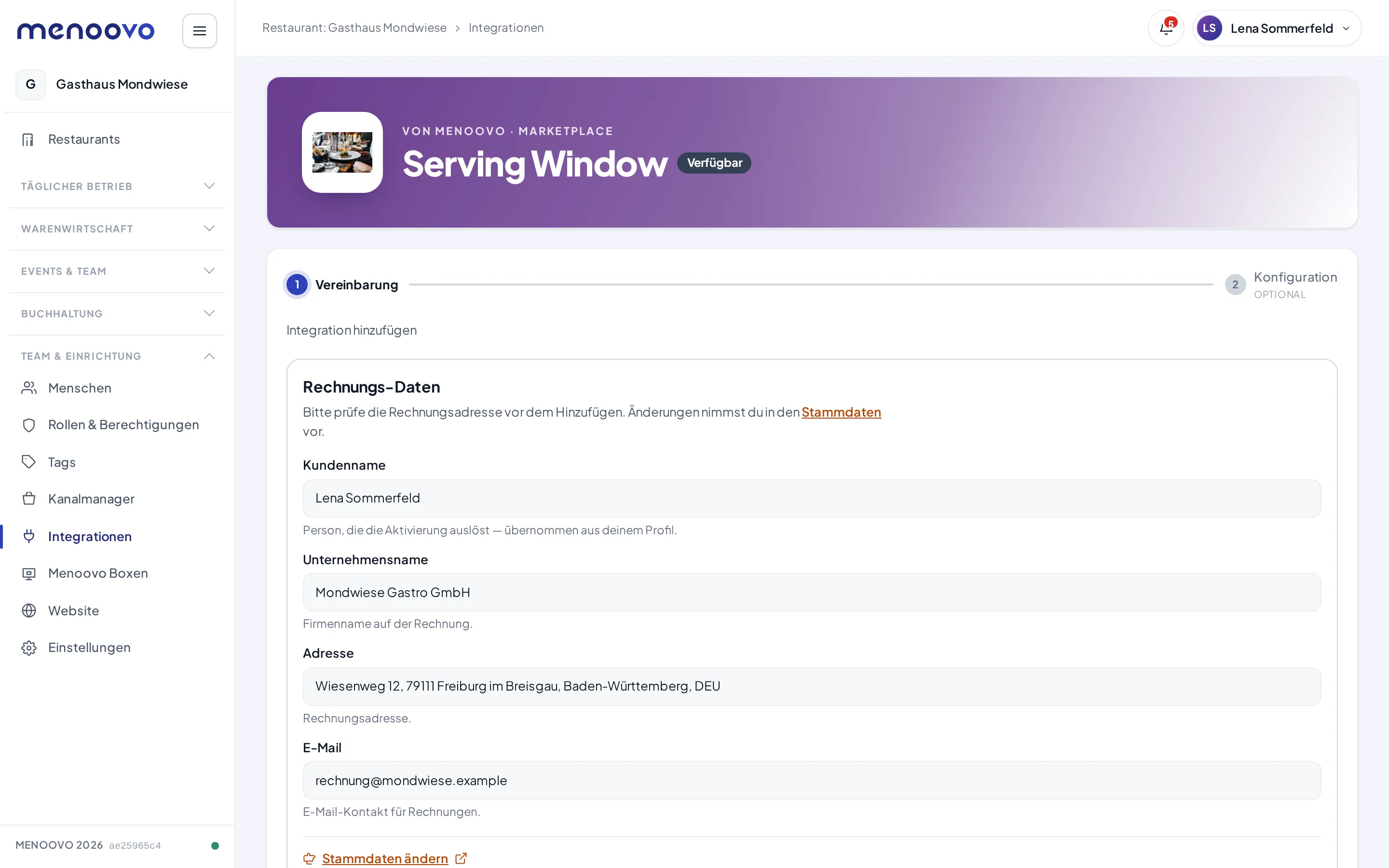 Die Marketplace-Seite von Serving Window mit Vereinbarung und Preis