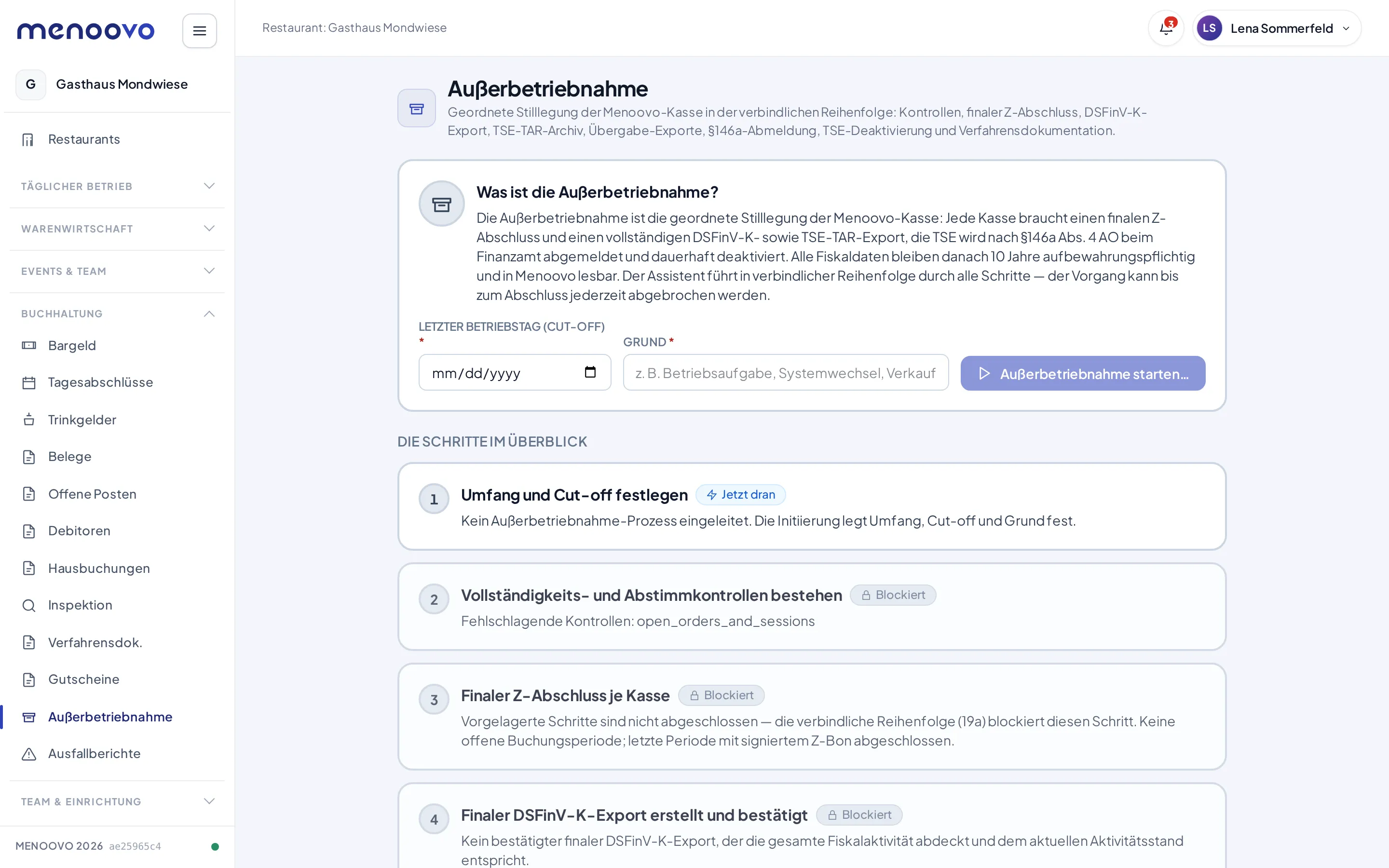Die Außerbetriebnahme-Seite mit den Schritten der Stilllegung