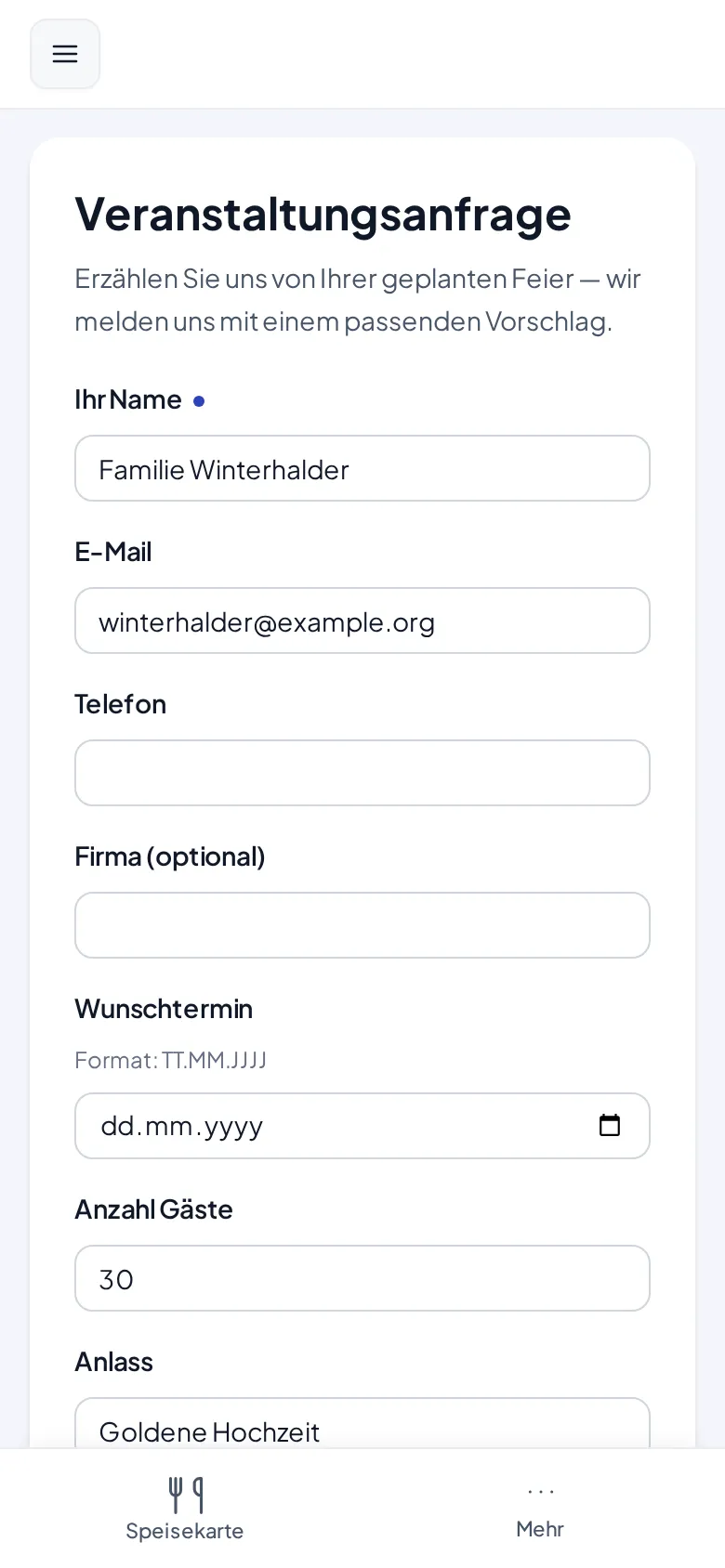 Das öffentliche Anfrageformular aus Sicht des Gastes