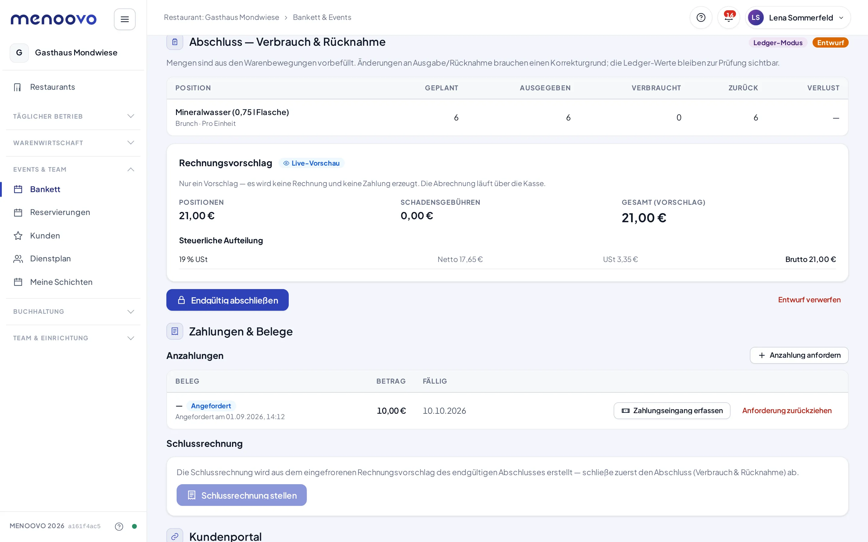 Die Anzahlungen-Karte einer bestätigten Veranstaltung mit einer angeforderten Anzahlung von 10 €