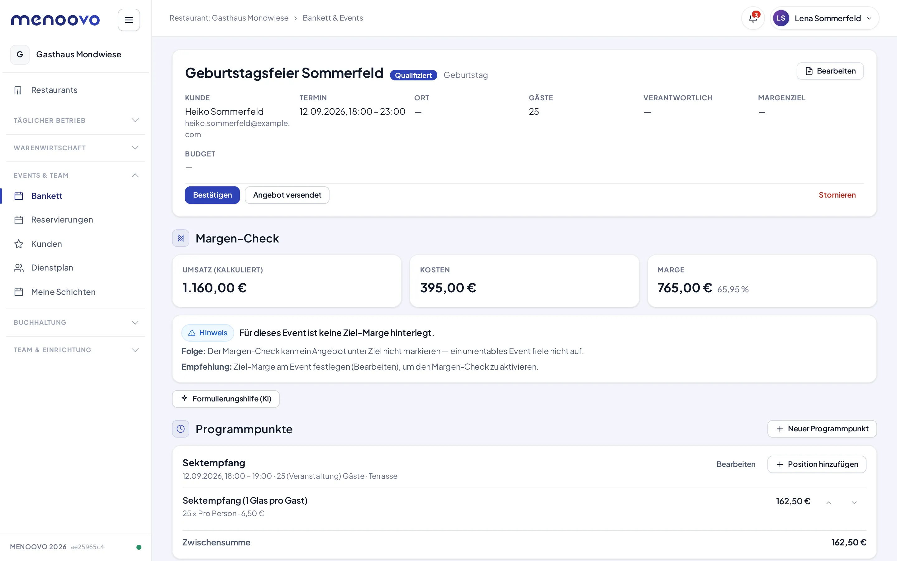 Das Veranstaltungs-Cockpit mit Status-Aktionen und Margen-Check