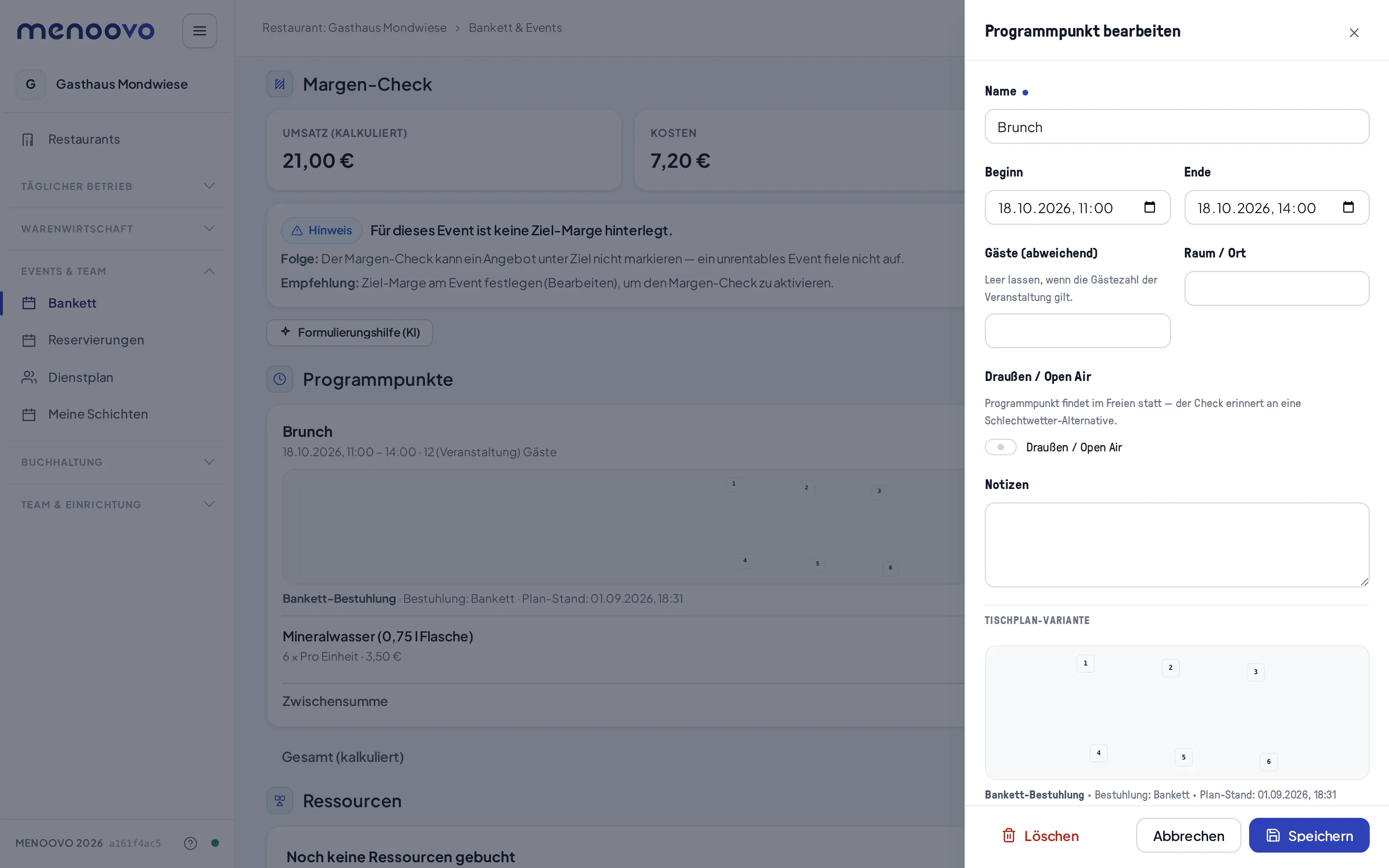 Die verknüpfte Tischplan-Variante „Bankett-Bestuhlung“ im Programmpunkt-Editor