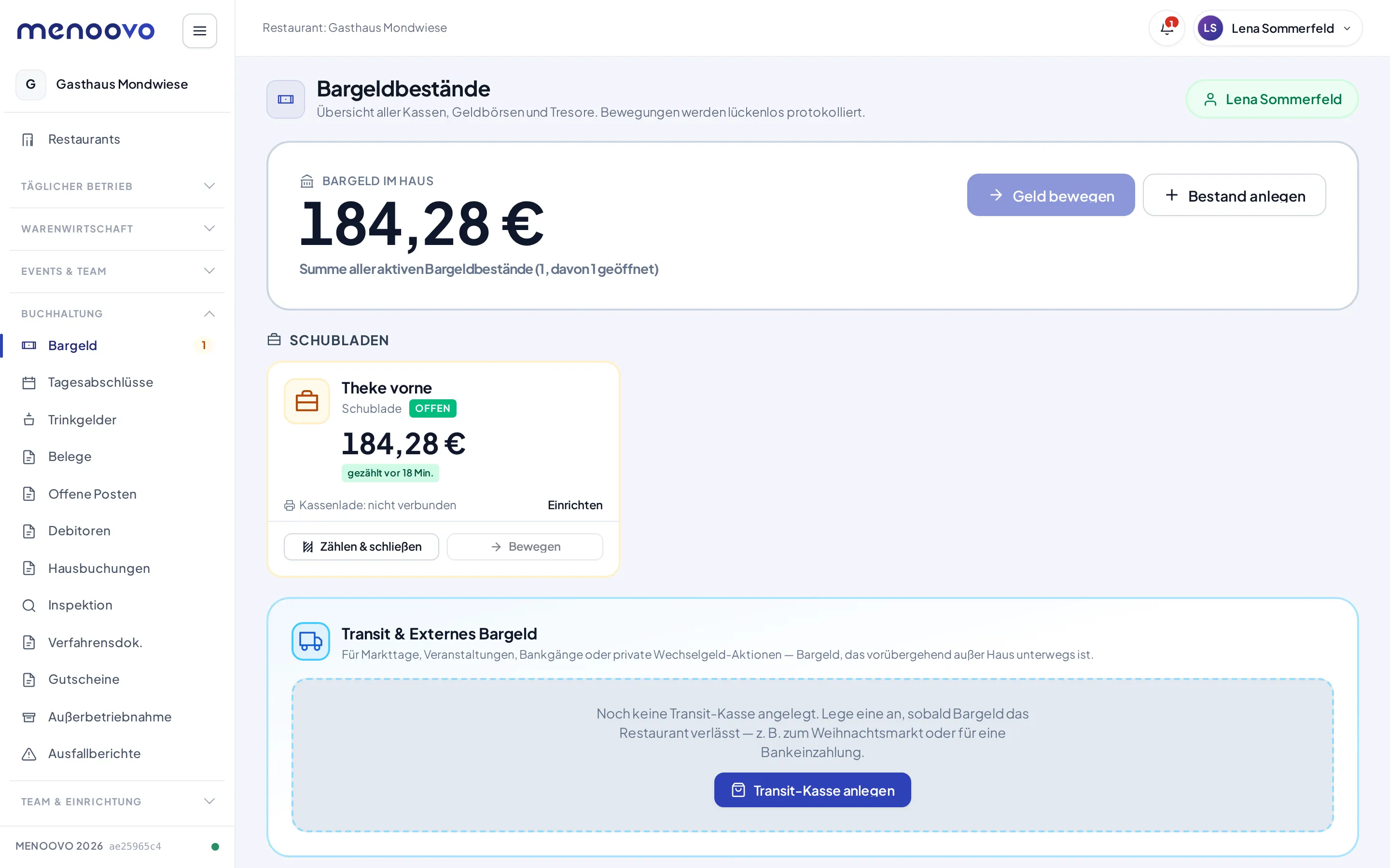 Die Bargeldübersicht mit geöffneter Schublade