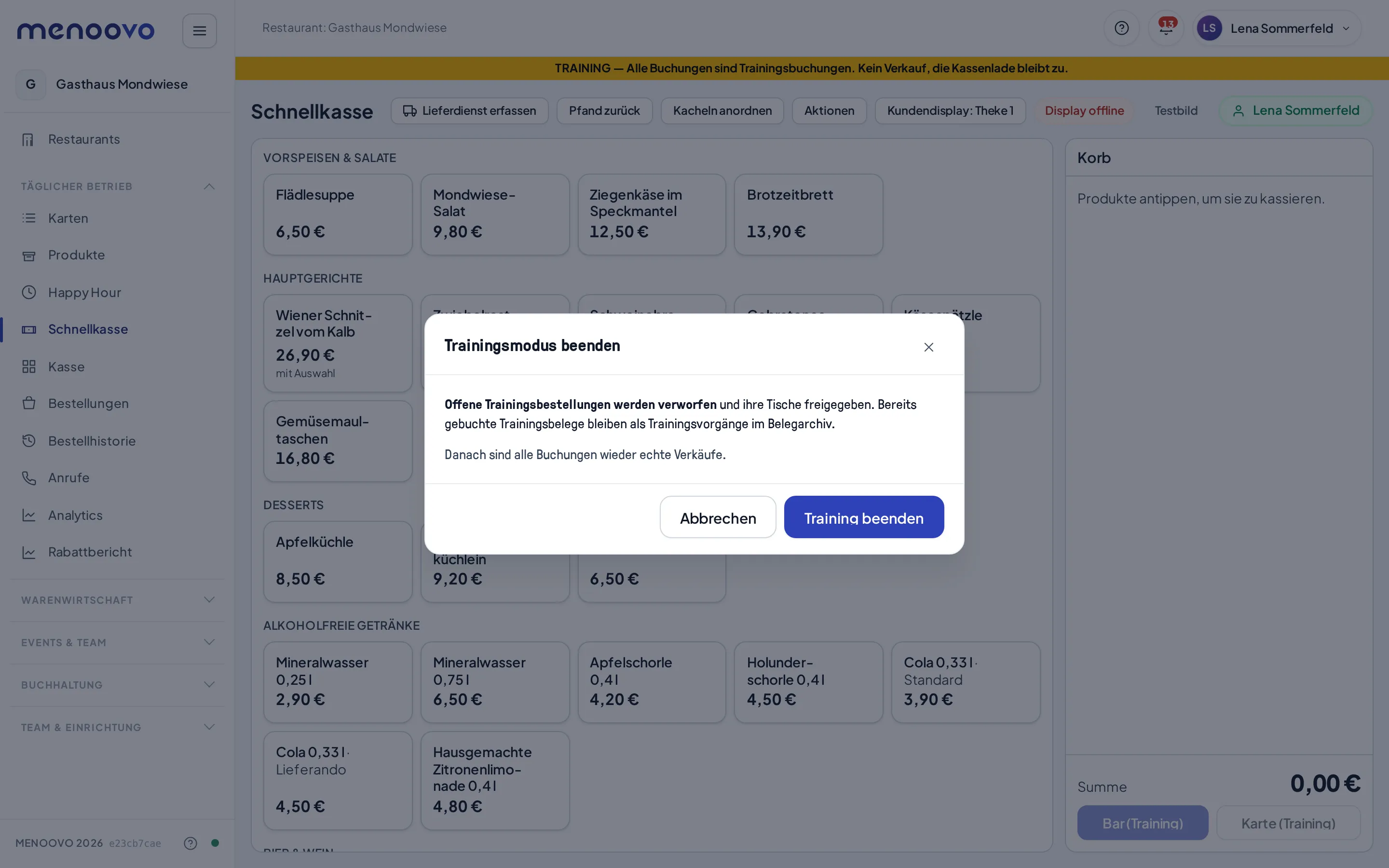 Der Dialog Trainingsmodus beenden mit dem Hinweis zu verworfenen Trainingsbestellungen