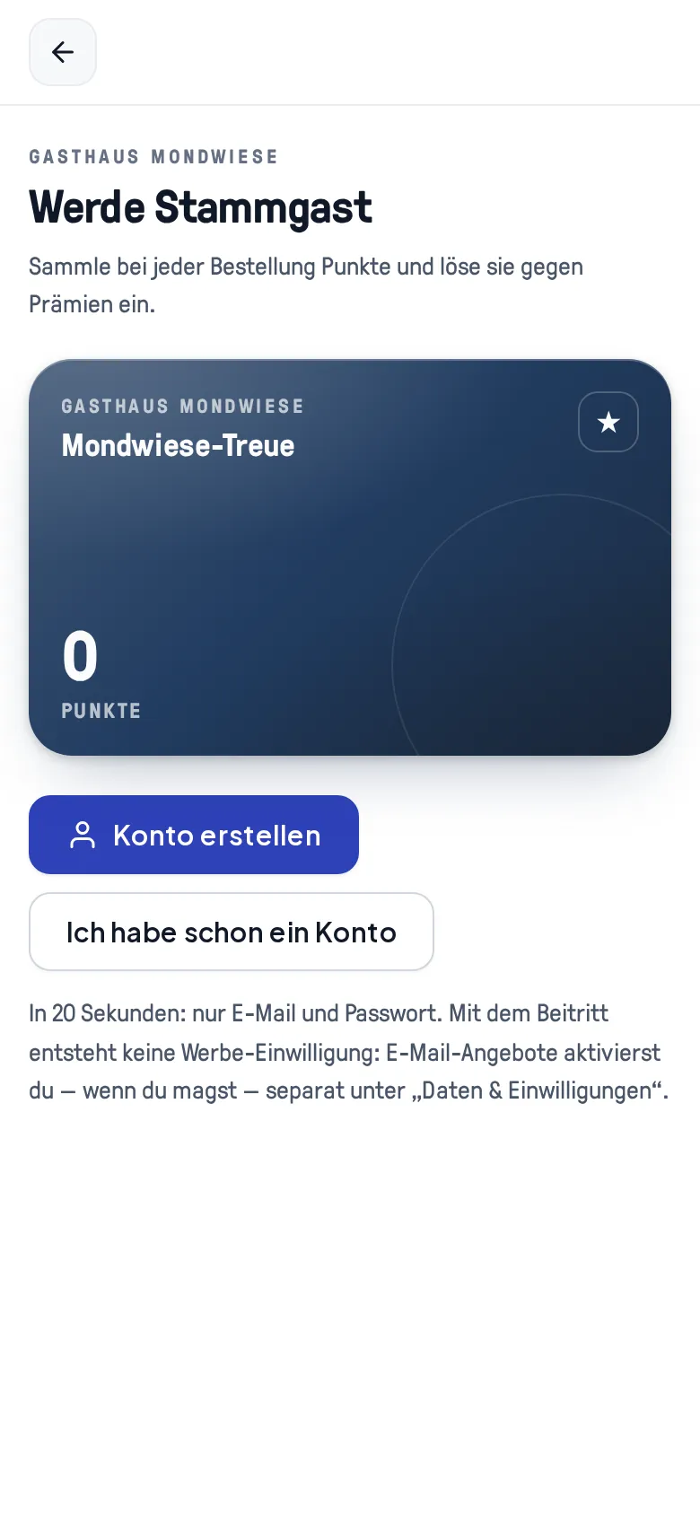 Die Beitritts-Seite für Gasthaus Mondwiese mit der Live-Vorschau der Treuekarte „Mondwiese-Treue“ und den Knöpfen Konto erstellen und Ich habe schon ein Konto