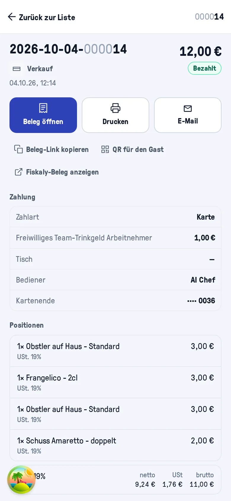 Ein Beleg am Telefon: Hauptaktionen, Abschnitte, Korrigieren