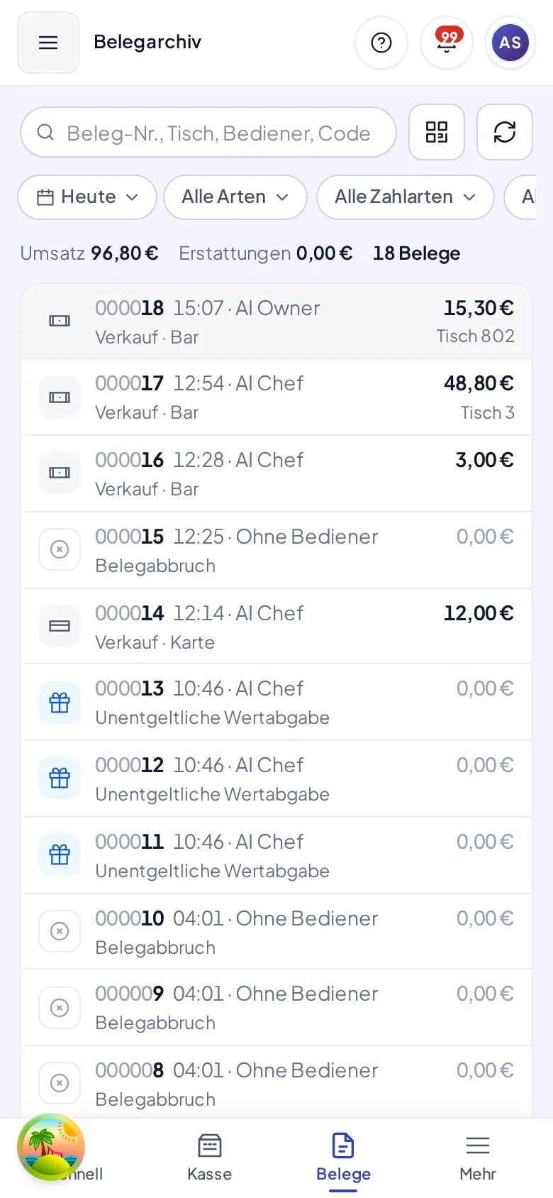 Das Belegarchiv am Telefon: eine Zeile je Beleg