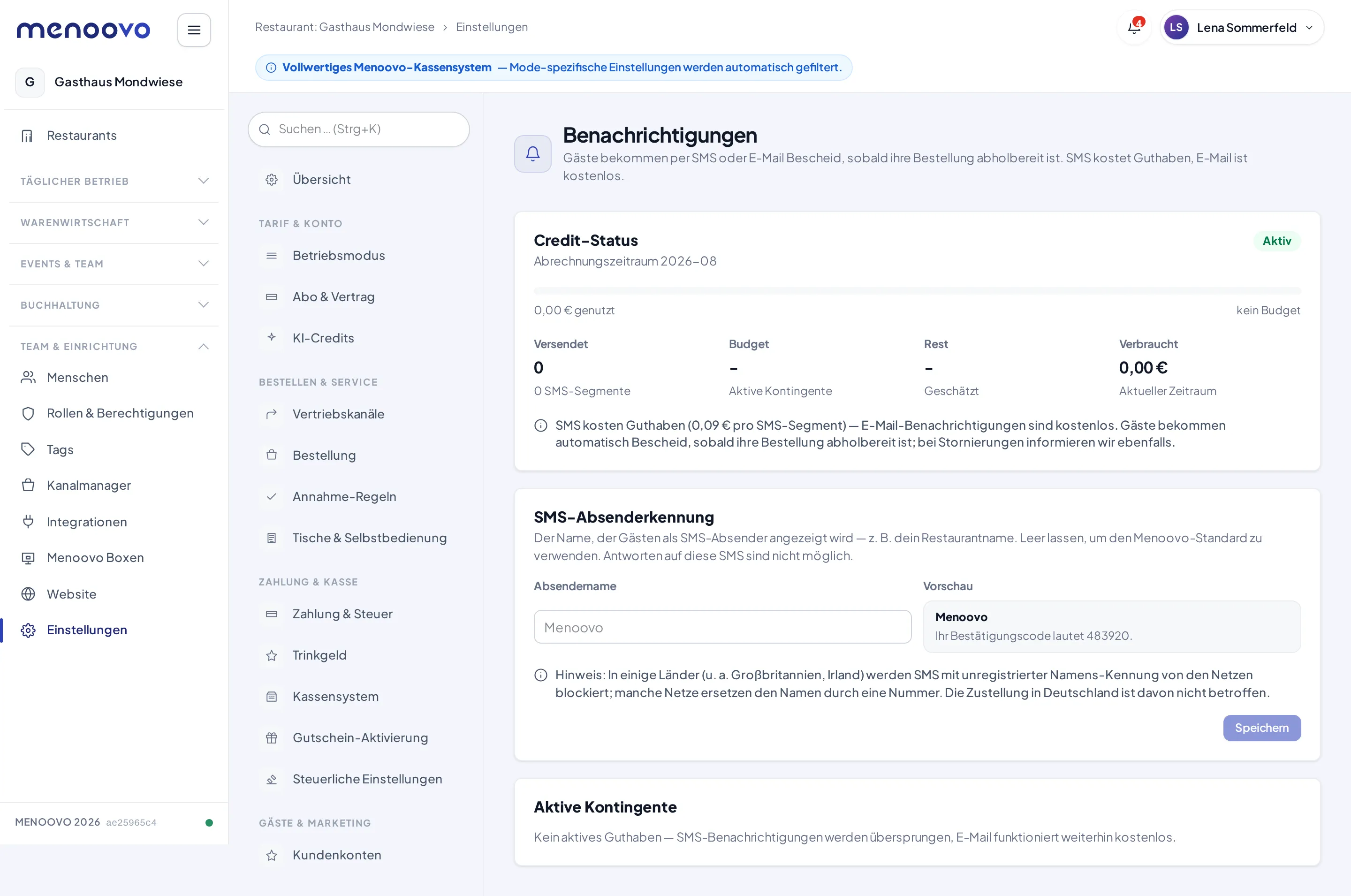 Das Benachrichtigungs-Panel mit Credit-Status, SMS-Absenderkennung und aktiven Kontingenten