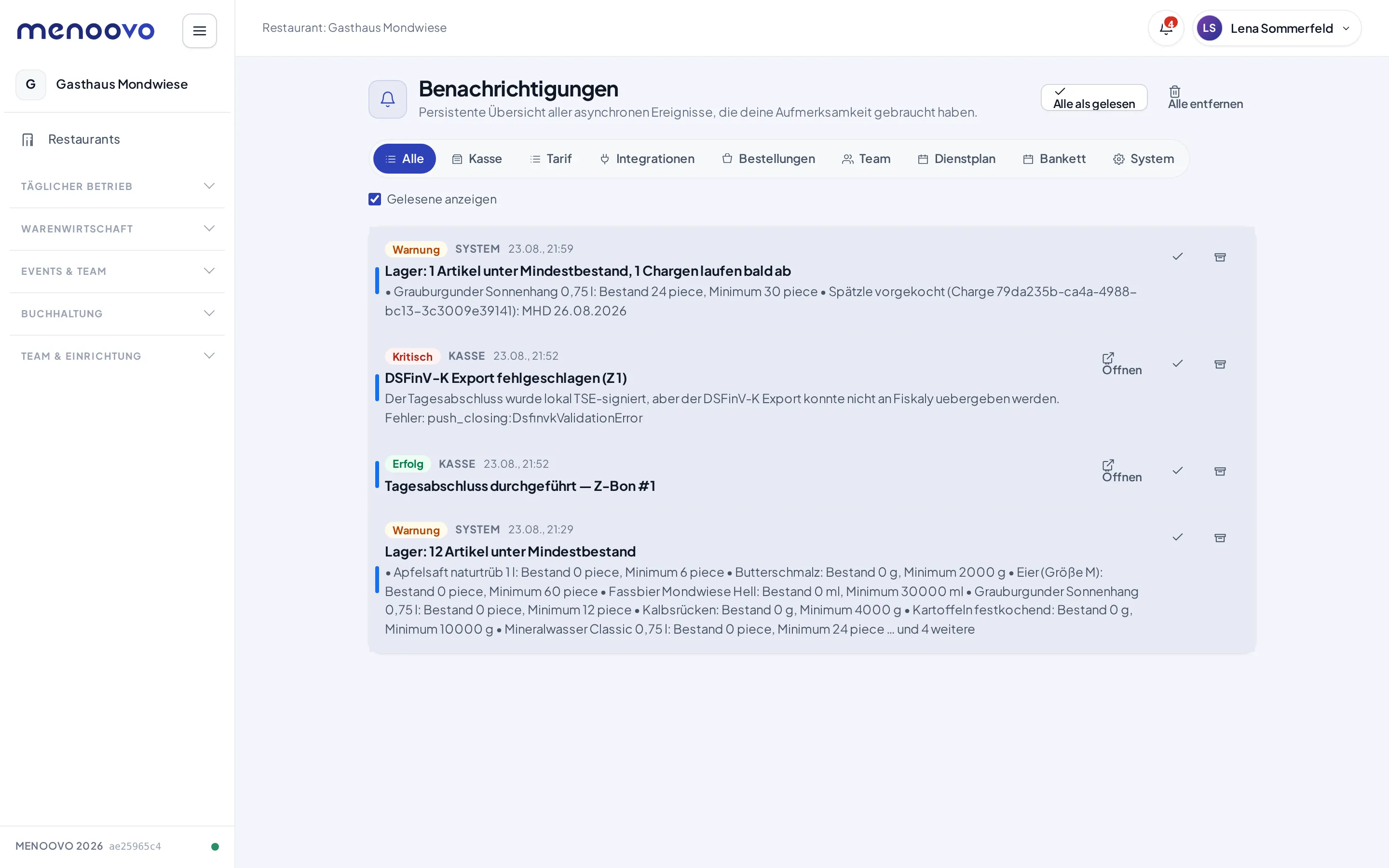 Der Posteingang mit Kategorie-Filtern, Schweregrad-Badges und Einträgen aus Kasse und Lager