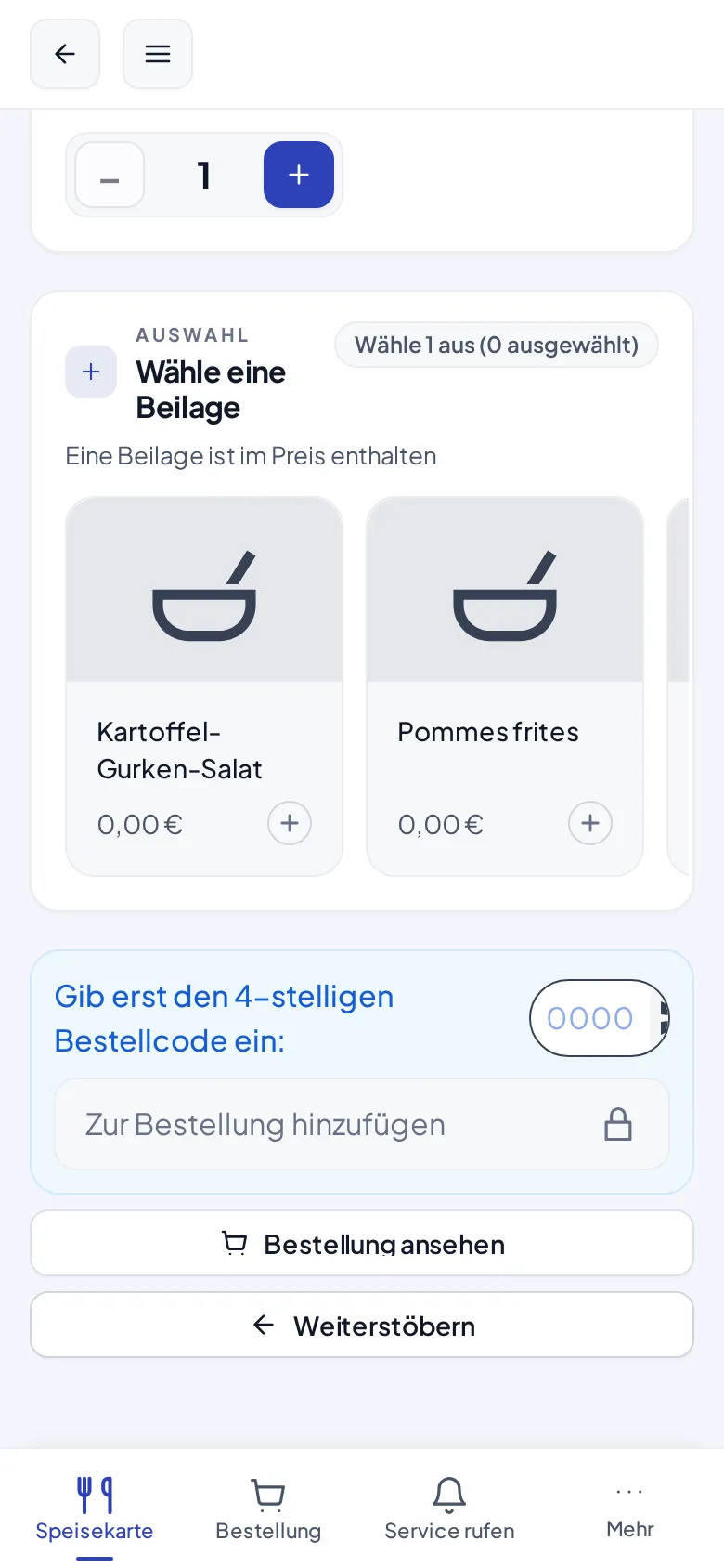 Mit aktivem Bestellcode: „Gib erst den 4-stelligen Bestellcode ein“ mit Eingabefeld, der Bestell-Knopf ist gesperrt