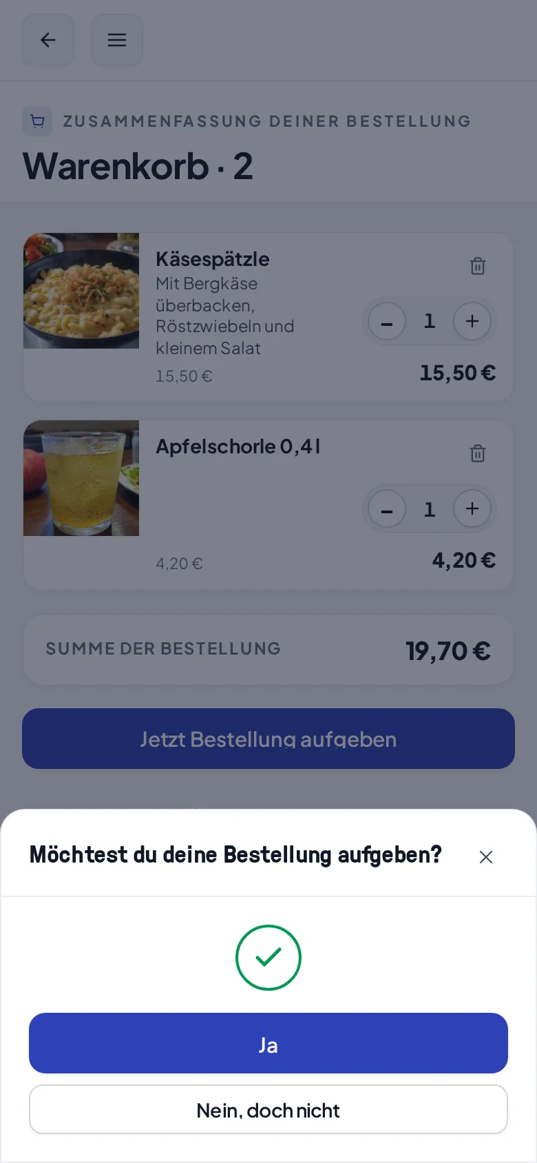 Der Bestätigungsdialog „Möchtest du deine Bestellung aufgeben?“ mit Ja und Nein, doch nicht