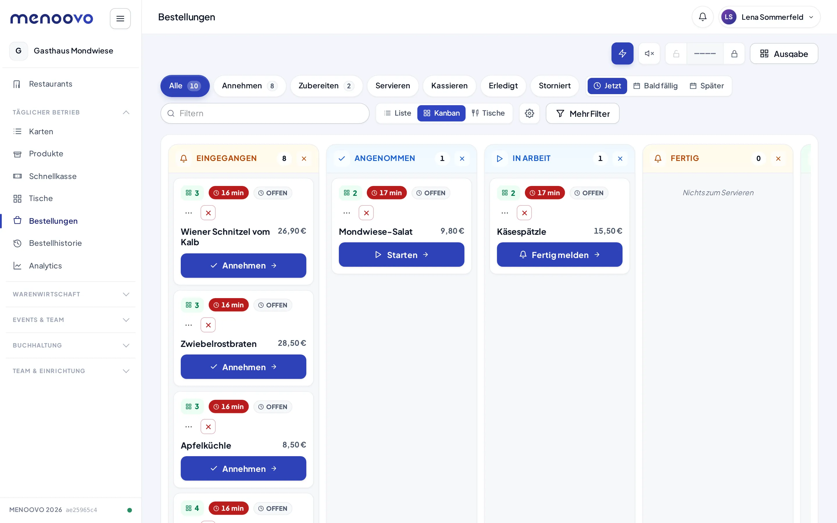 Die Kanban-Ansicht des Bestellungen-Boards mit Spalten je Bearbeitungsschritt