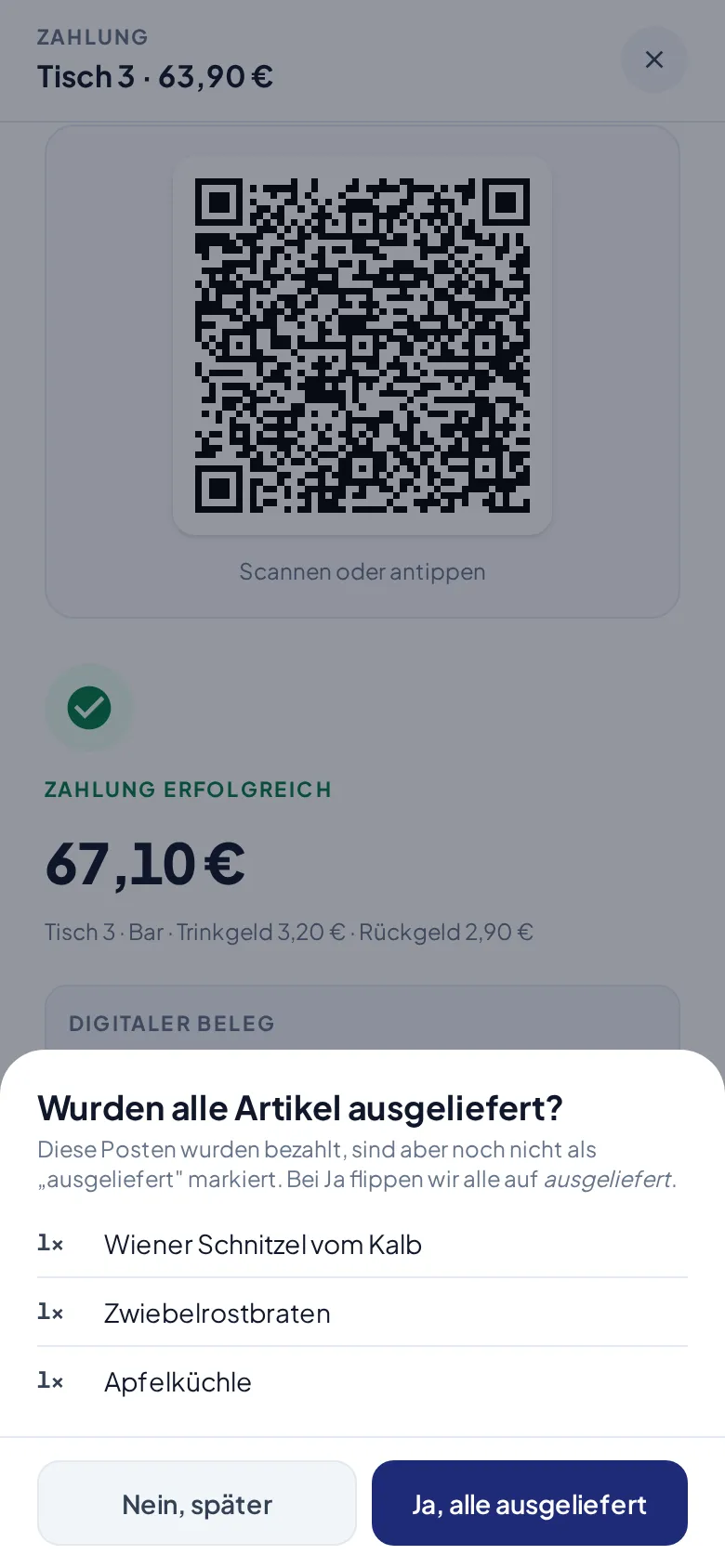 Zahlung erfolgreich mit Rückgeld und digitalem Beleg als QR-Code