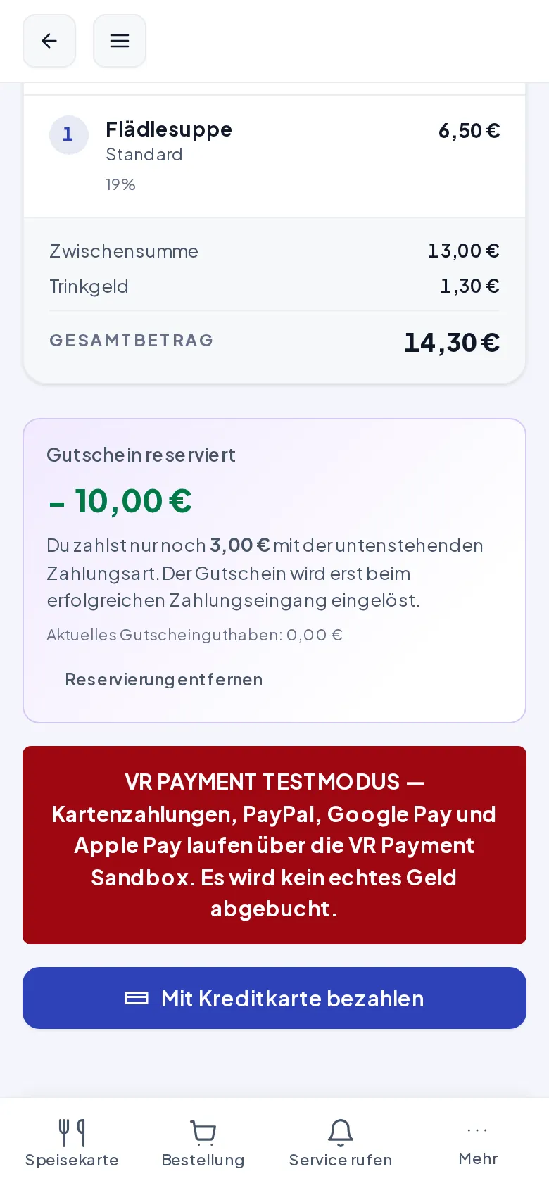 Der reservierte Gutscheinbetrag und der verbleibende Restbetrag im Checkout