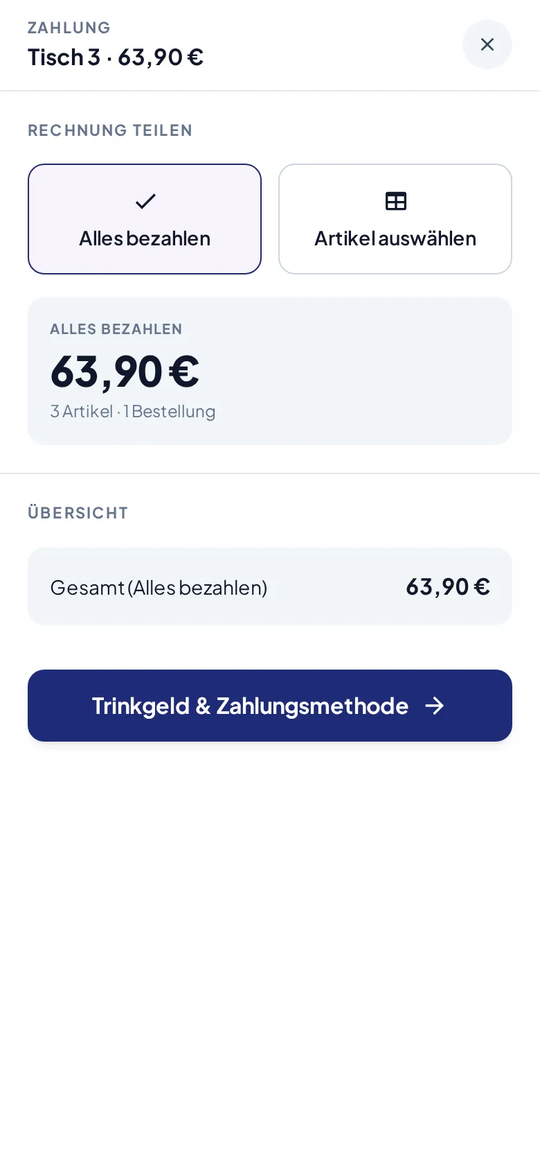 Der Bezahlen-Dialog mit der Zeile „Rechnung teilen“ und den Kacheln „Alles“ und „Auswahl …“