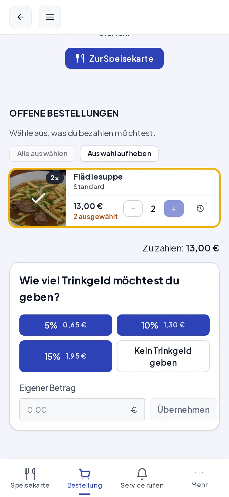 Ausgewählte Artikel unter „Offene Bestellungen“ mit der Trinkgeld-Auswahl darunter
