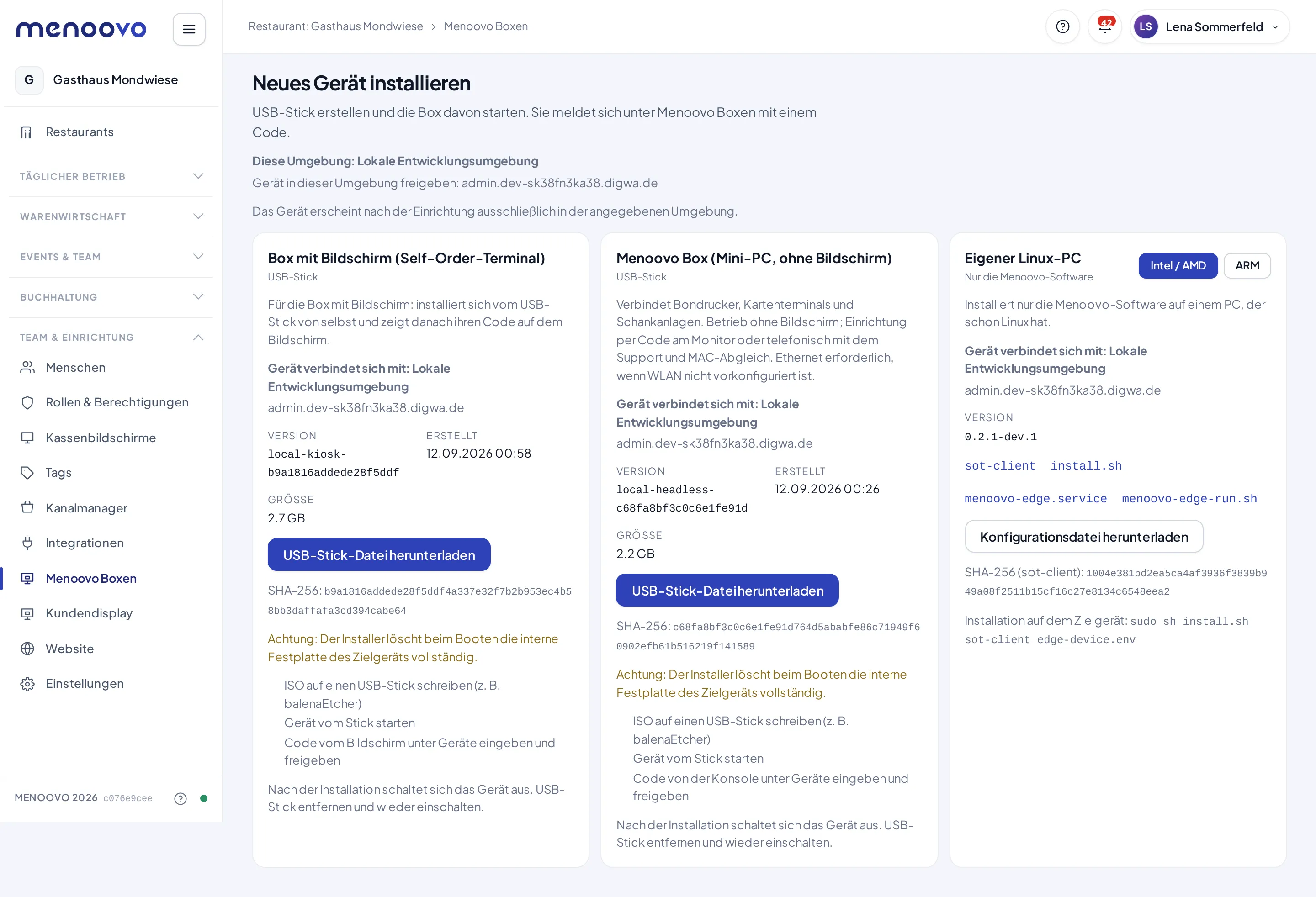 Die Seite Neues Gerät installieren mit den Download-Varianten