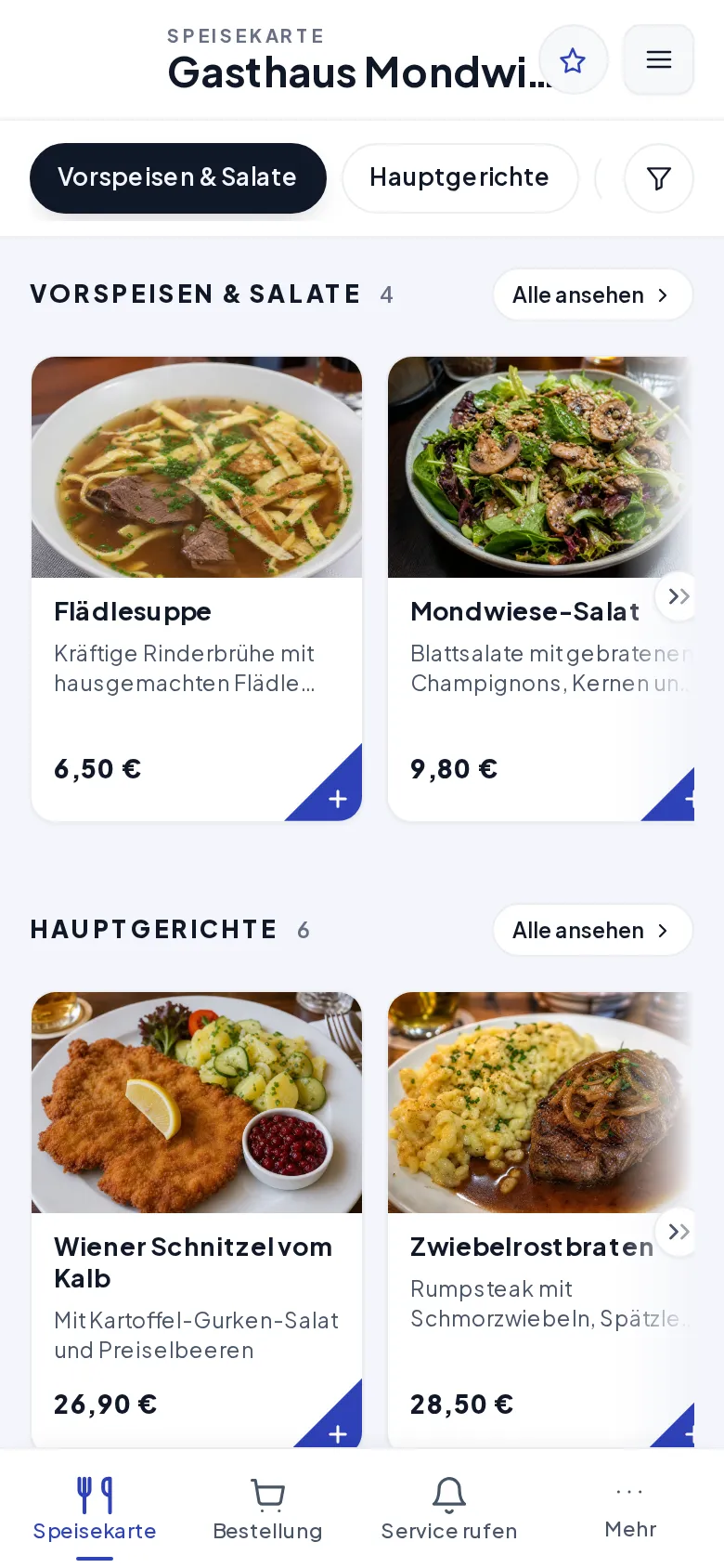 Die Speisekarte des Gasthaus Mondwiese mit dem Stern-Symbol für das Menoovo-Konto oben rechts