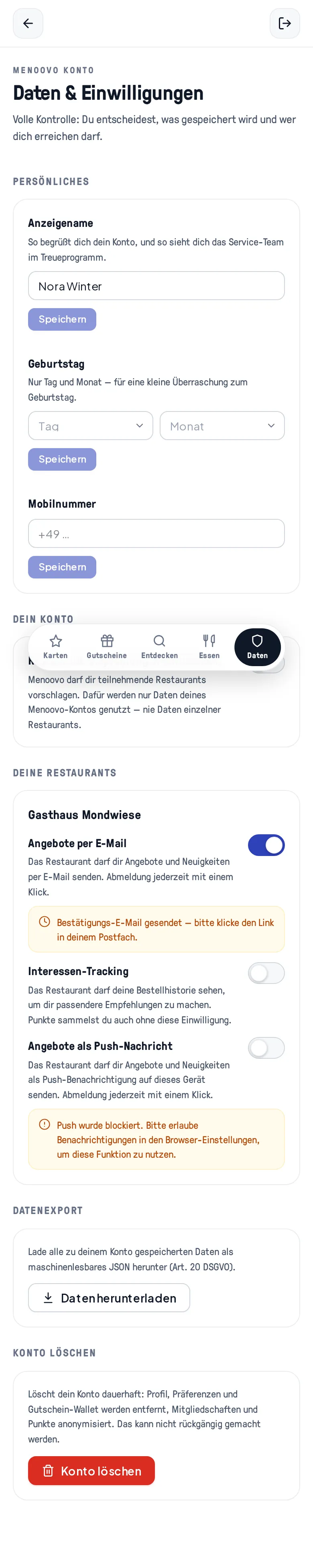Der Bereich Daten & Einwilligungen mit dem Restaurant-Block für Gasthaus Mondwiese: Angebote per E-Mail (aktiviert, mit Bestätigungsmail-Hinweis), Interessen-Tracking und Angebote als Push-Nachricht