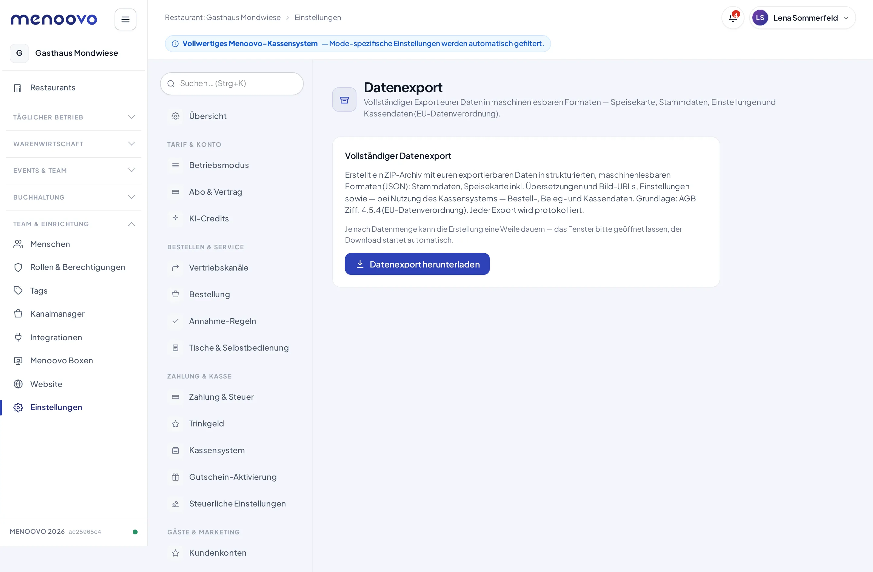 Das Datenexport-Panel mit der Beschreibung des ZIP-Archivs und dem Download-Button