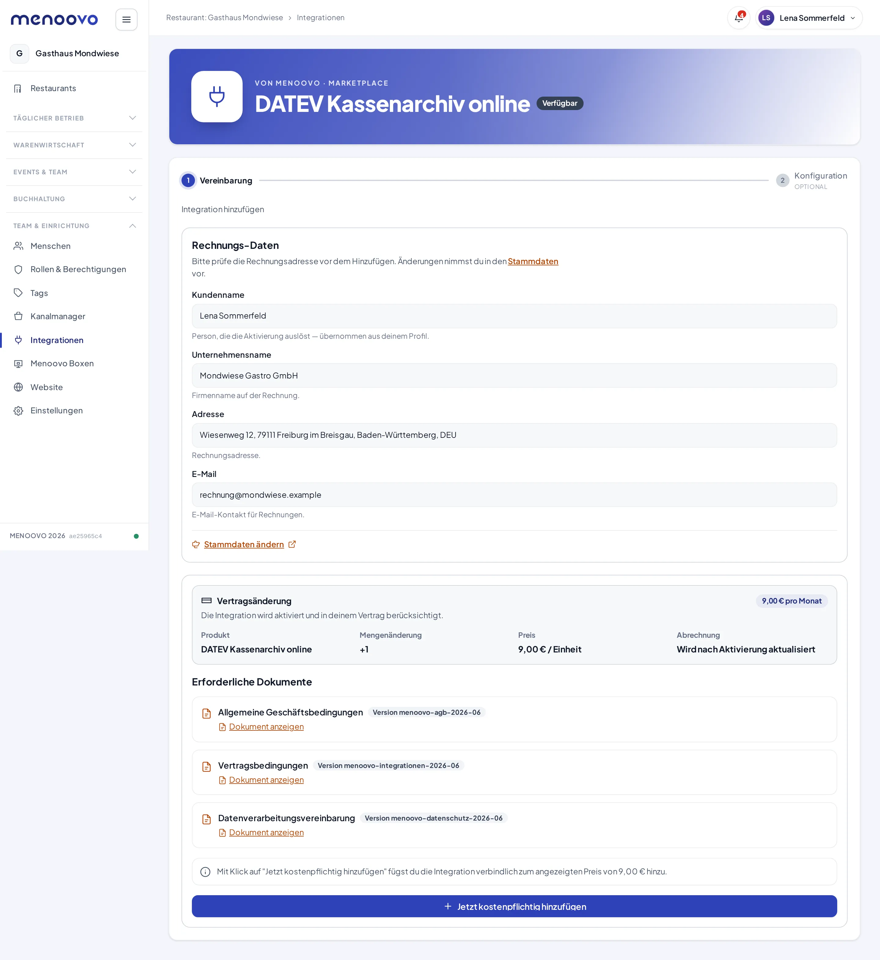 Die Detailansicht der Integration DATEV Kassenarchiv online mit dem Preis von 9,00 € pro Monat