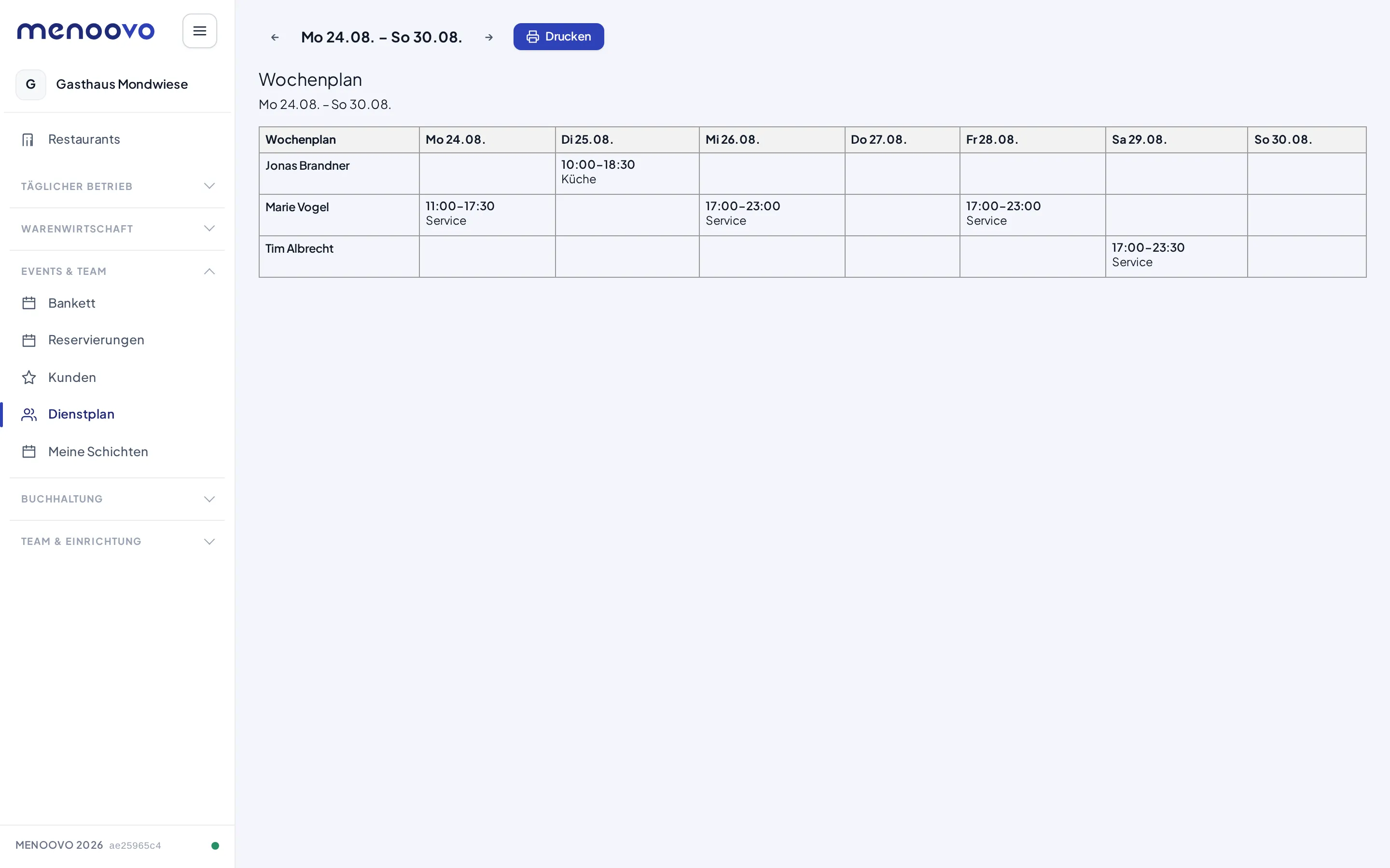 Die Druckansicht des Wochenplans als Tabelle Person mal Wochentag
