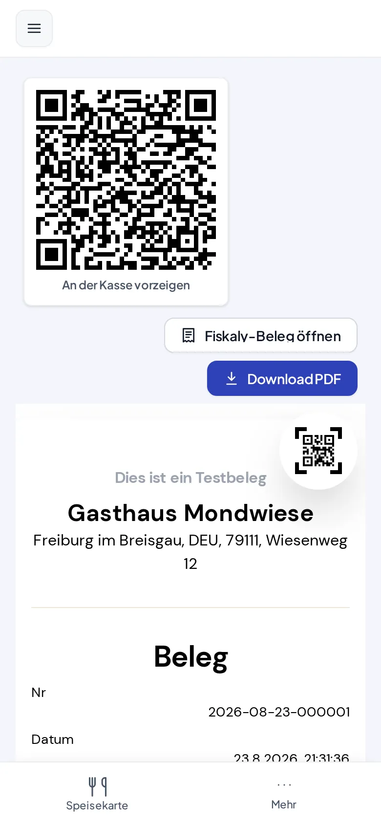 Der digitale Beleg auf dem Handy des Gastes