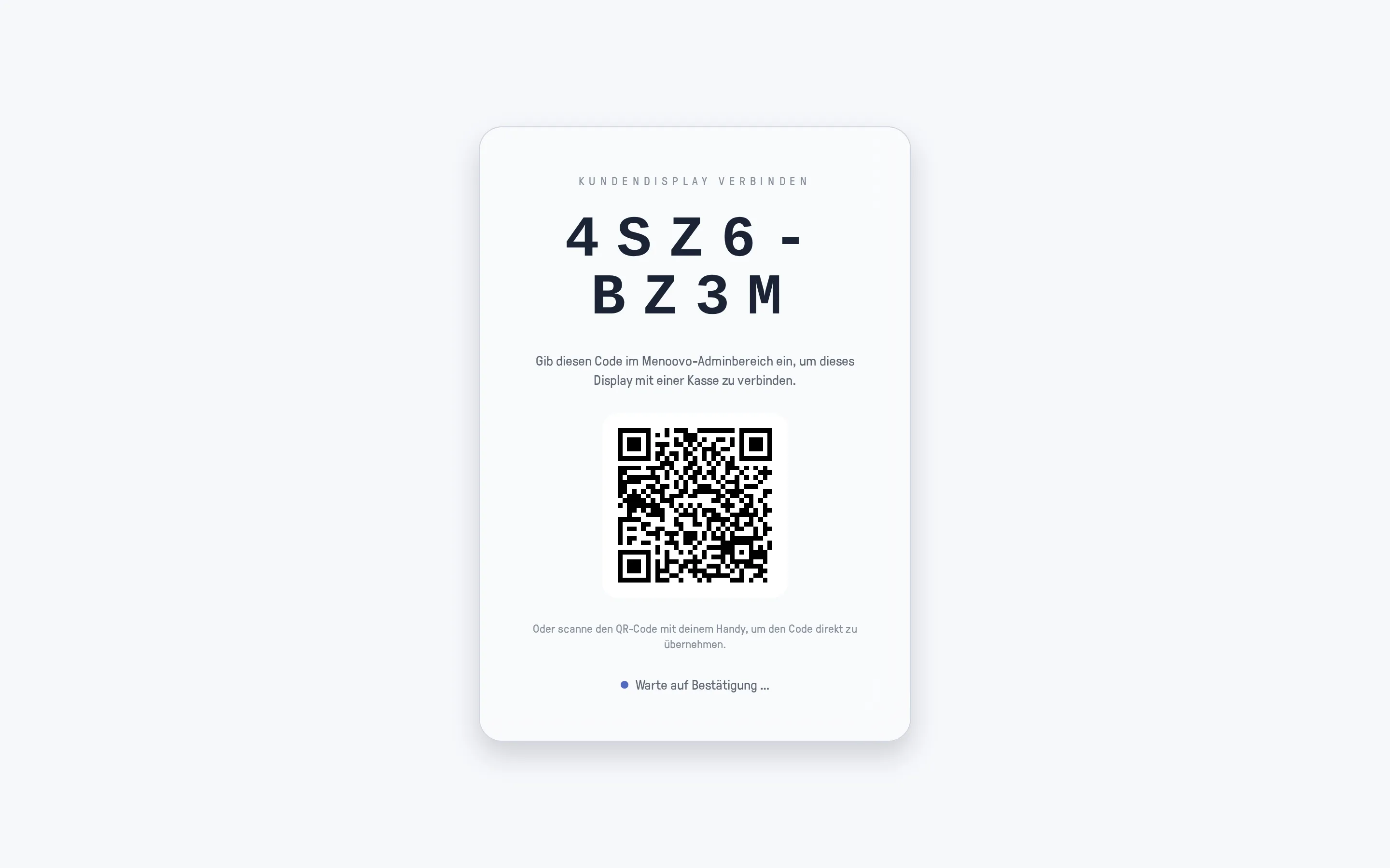 Der Verbindungs-Bildschirm des Displays mit Code und QR-Code