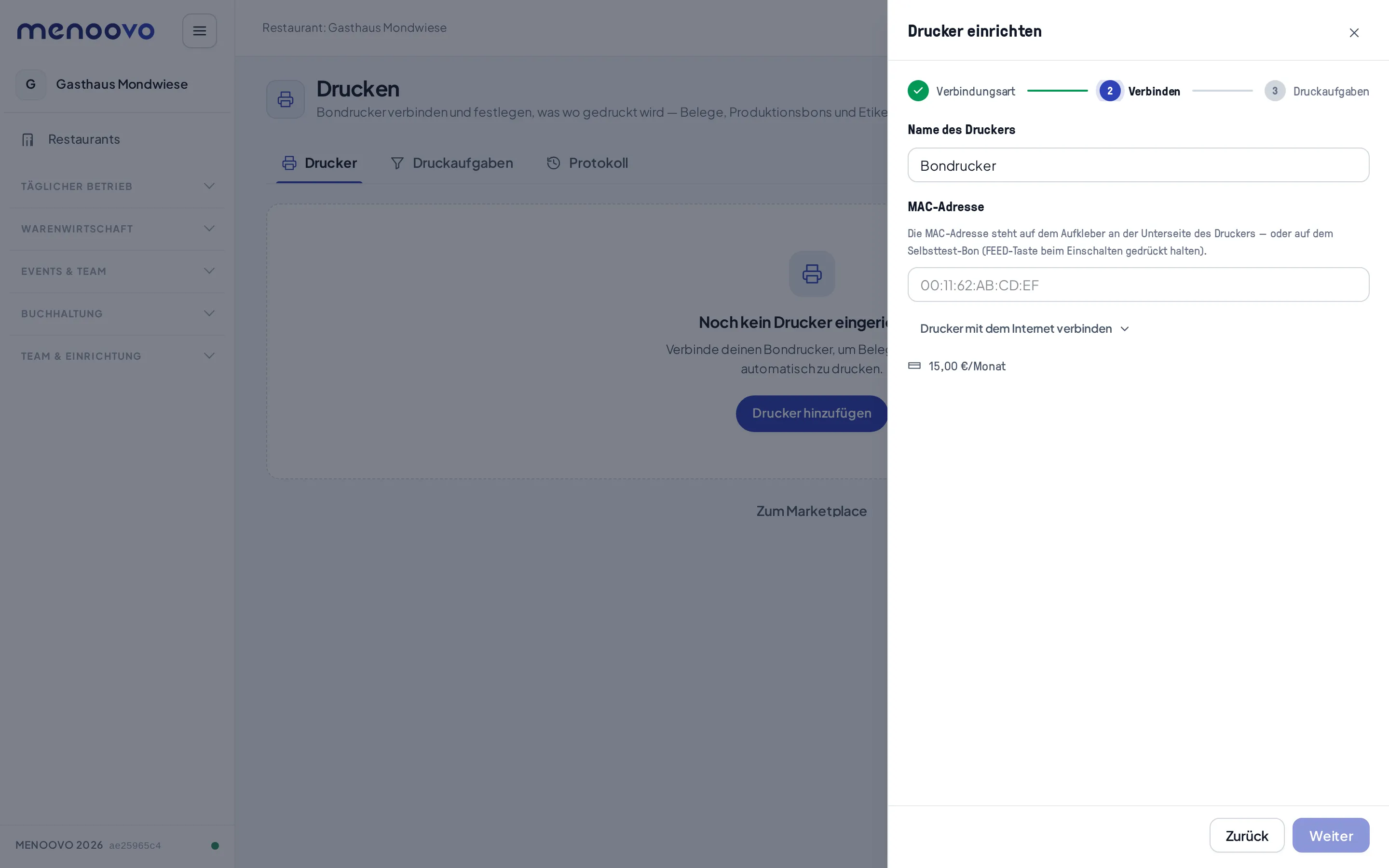 Schritt 2 des Assistenten für einen Star-Cloud-Drucker mit Name und MAC-Adresse