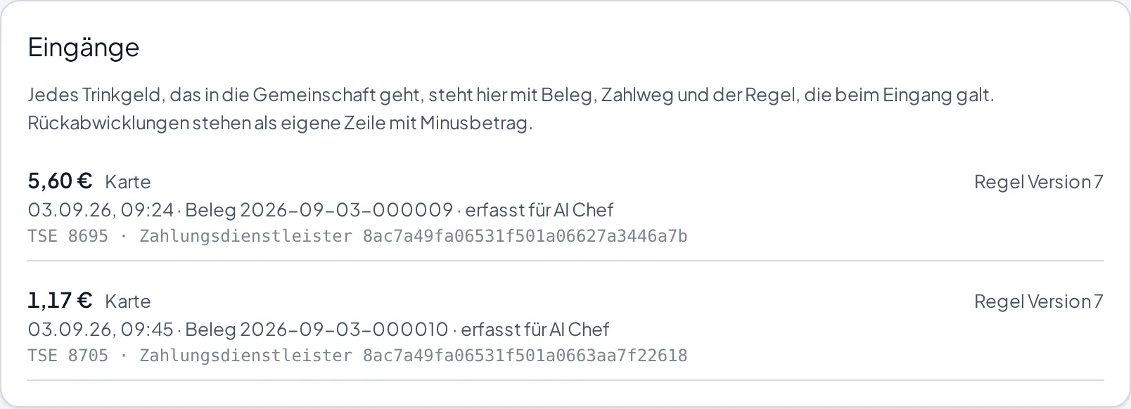 Der Abschnitt Eingänge mit zwei Kartenzahlungen, Beleg, TSE-Referenz und Regelfassung