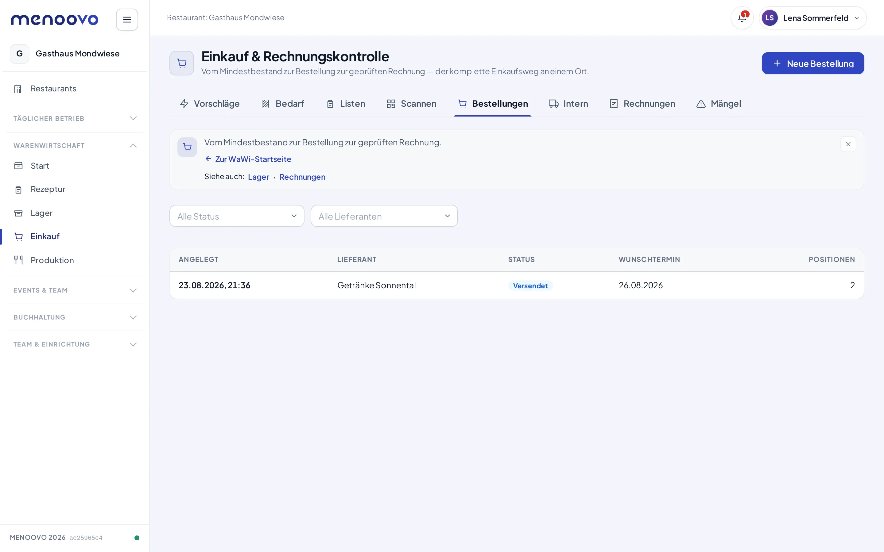 Die Bestellliste mit einer versendeten Bestellung an Getränke Sonnental mit Wunschtermin
