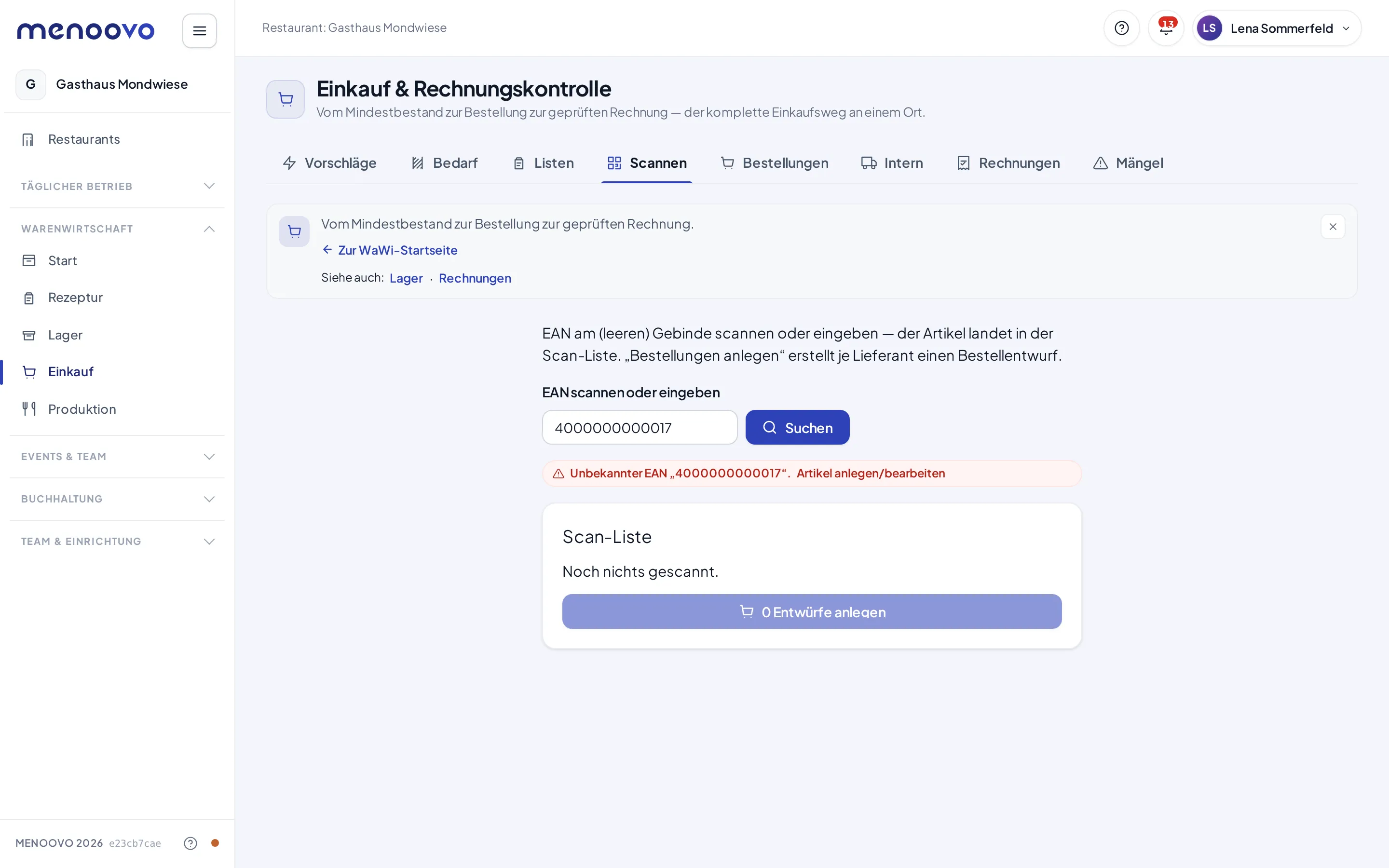 Die Scannen-Seite nach einer Eingabe ohne Treffer: Hinweis „Unbekannter EAN“ mit dem Link Artikel anlegen/bearbeiten