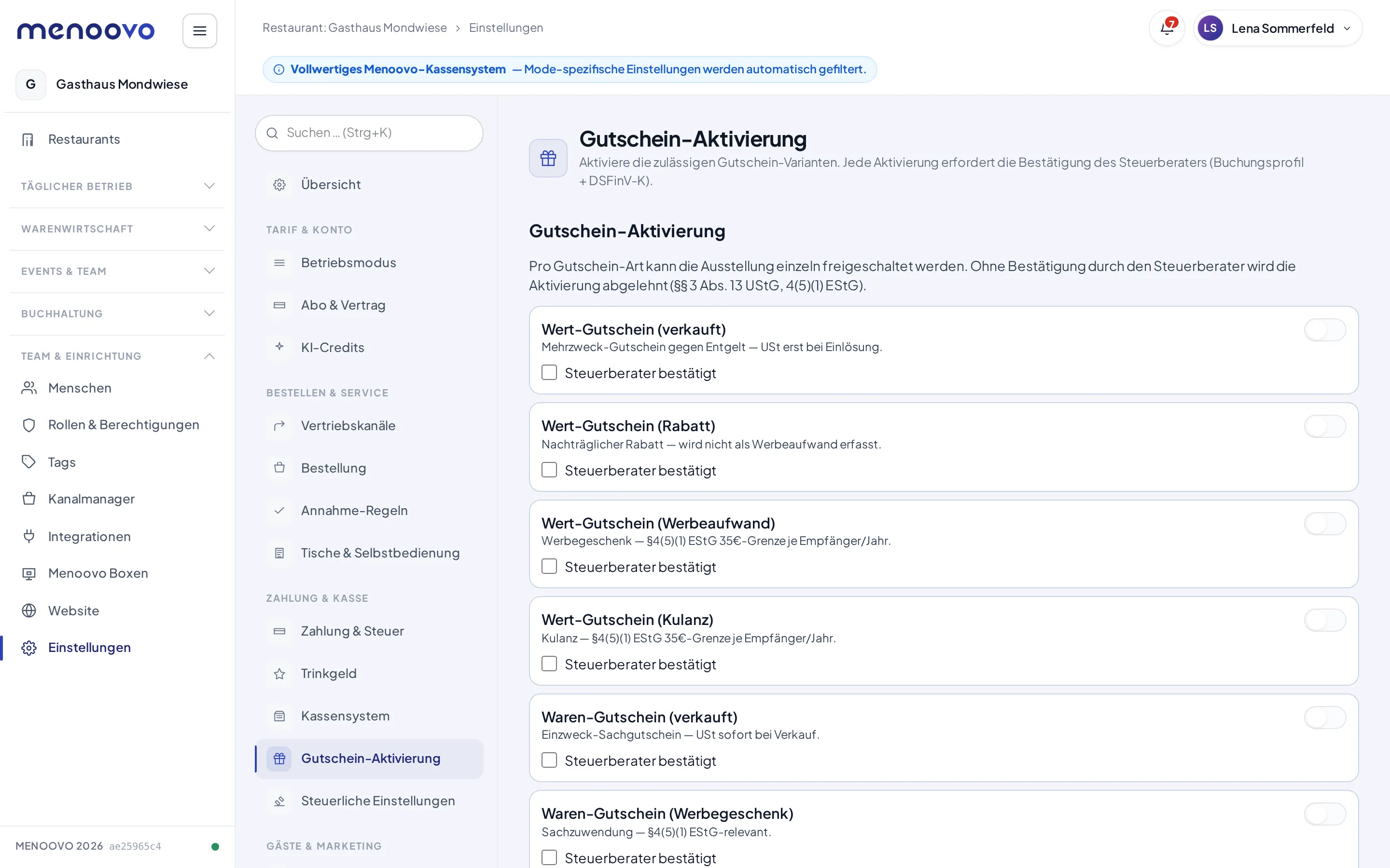 Die Gutschein-Aktivierung in den Einstellungen mit den Varianten und der Steuerberater-Bestätigung