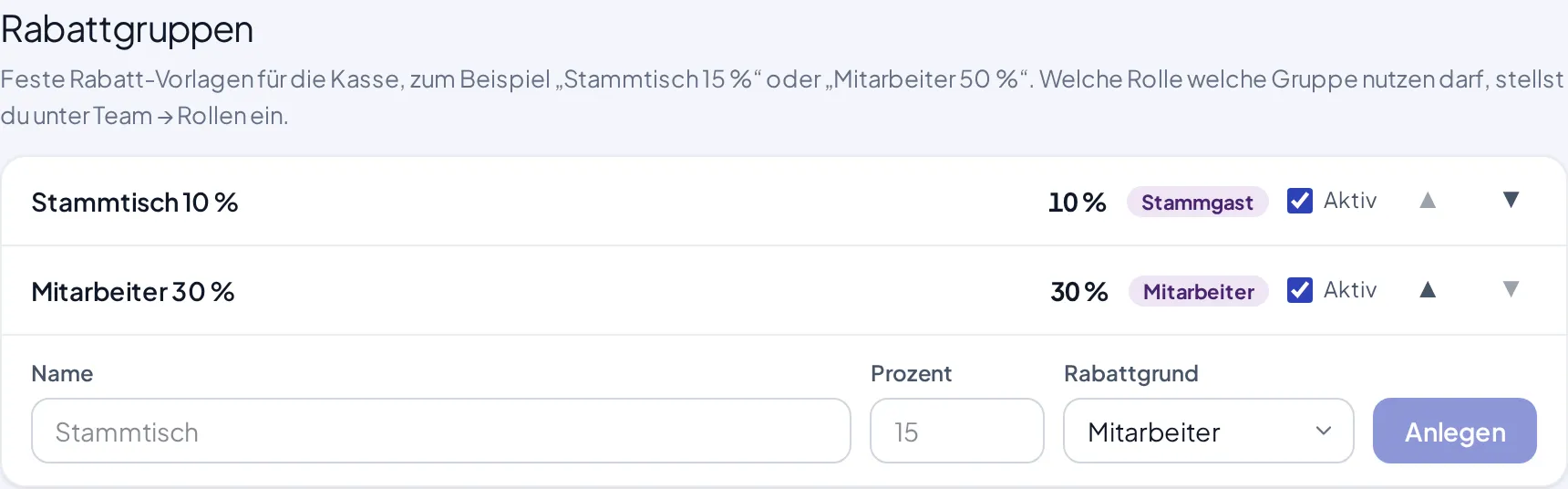 Die Karte Rabattgruppen mit zwei Gruppen und der Zeile zum Anlegen