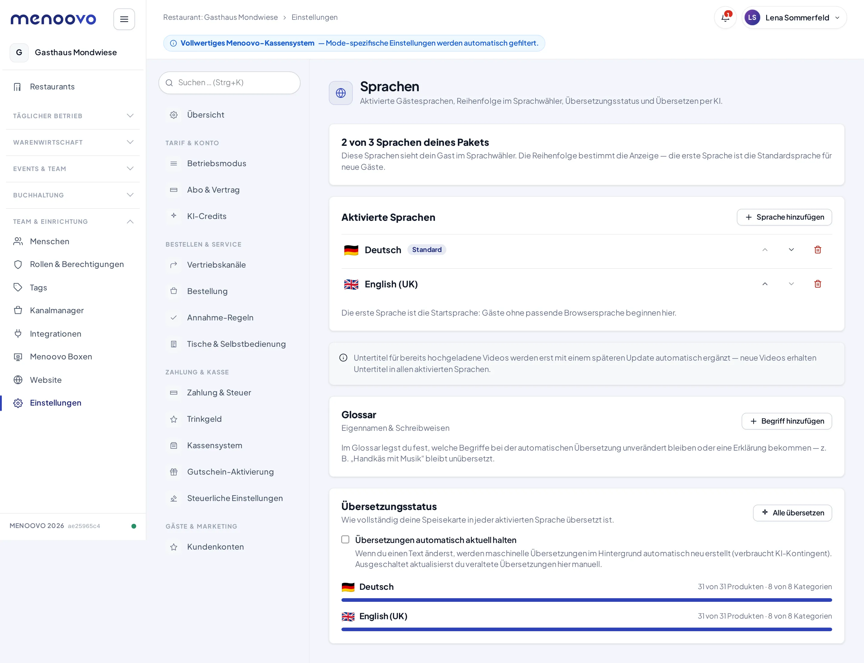 Das Sprachen-Panel mit aktivierten Sprachen, Glossar und Übersetzungsstatus