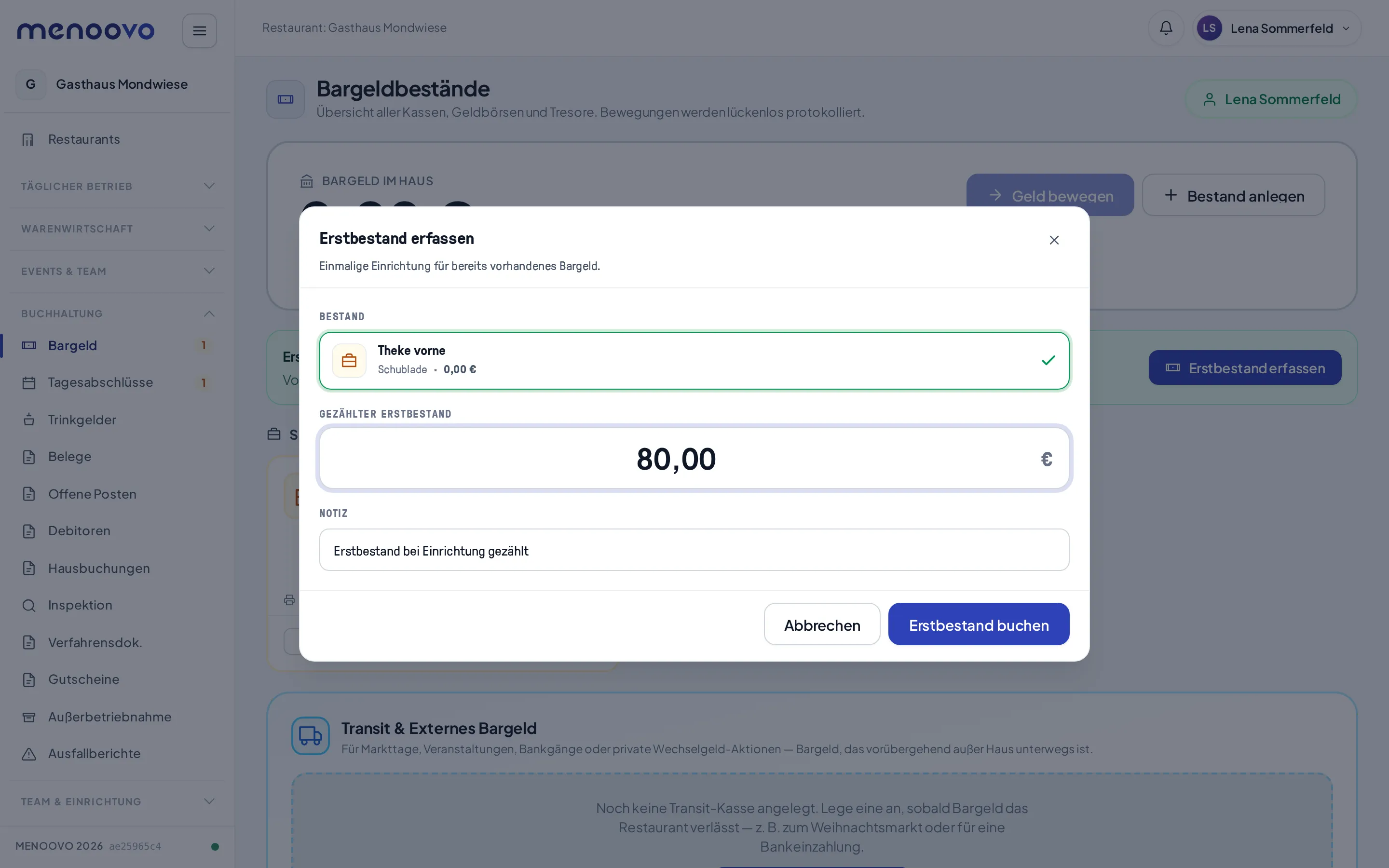 Der Dialog „Erstbestand erfassen“ mit gezähltem Betrag