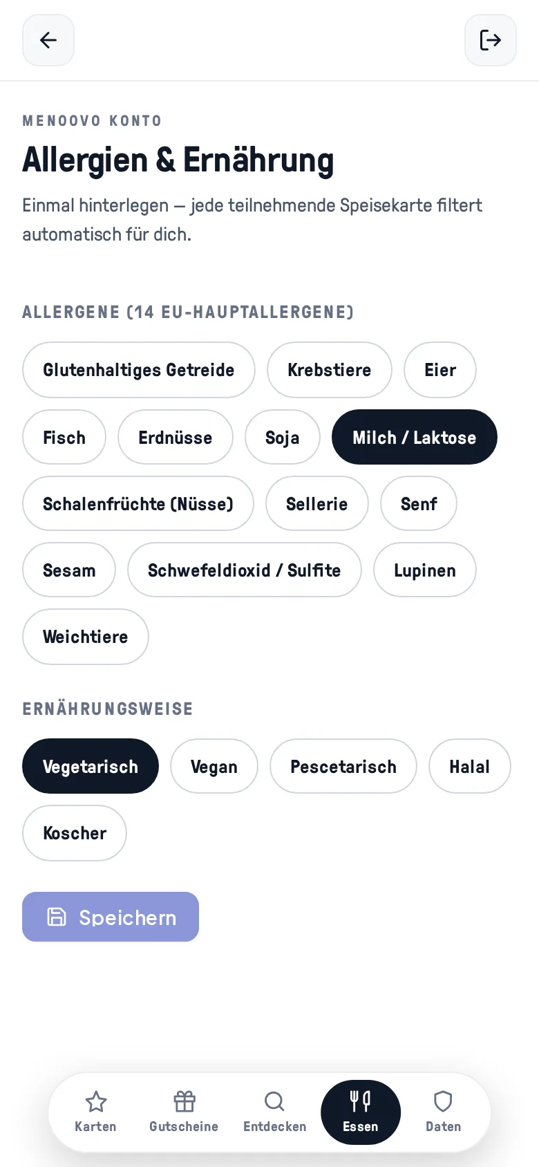 Die Seite Allergien & Ernährung mit ausgewählten Optionen Milch/Laktose und Vegetarisch