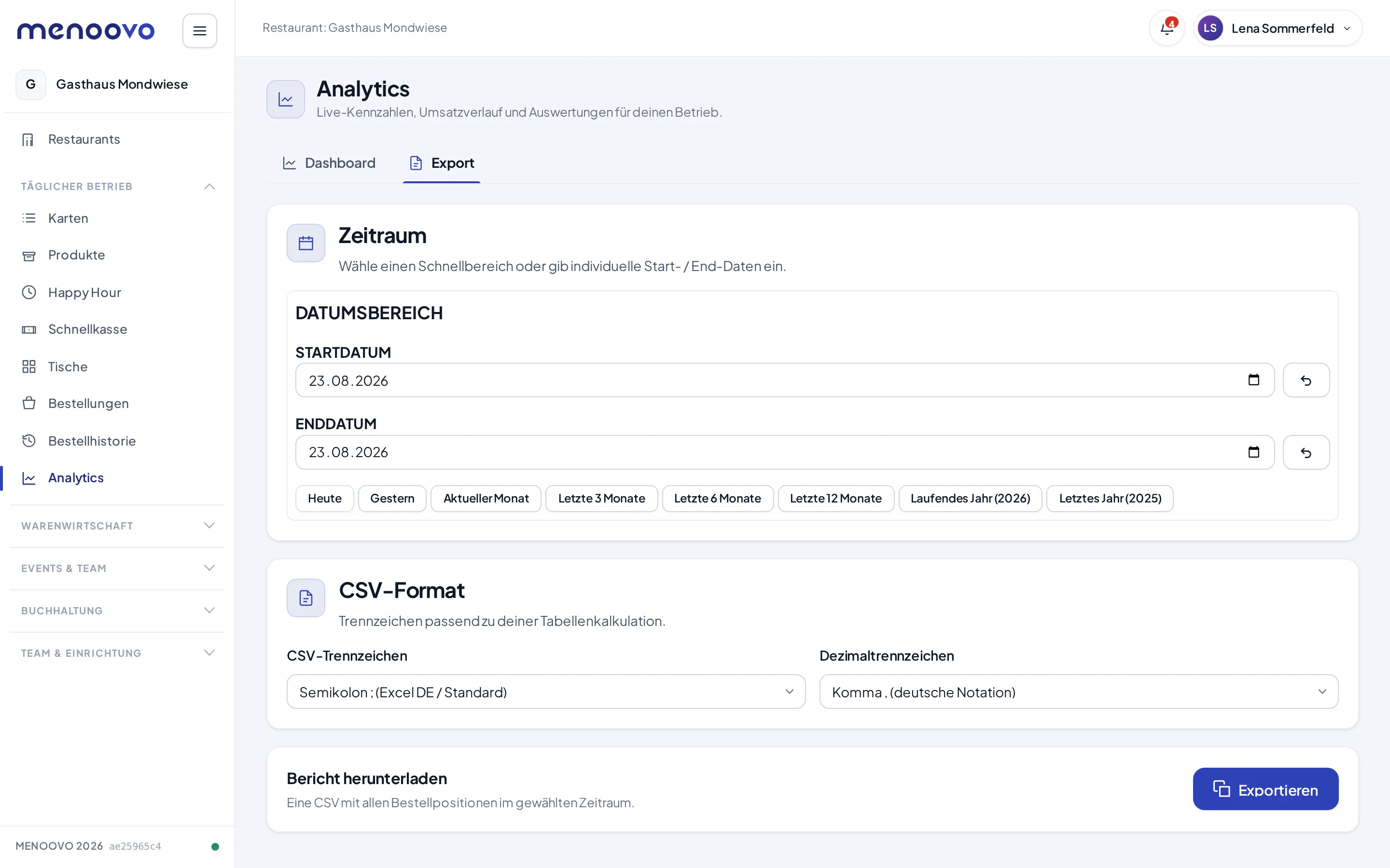 Der Export-Reiter mit Zeitraum, CSV-Format und dem Knopf Exportieren