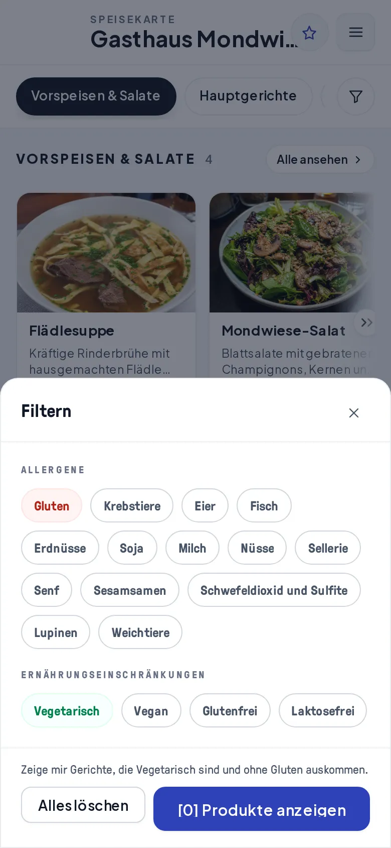 Das Filter-Blatt mit den Gruppen Allergene und Ernährungseinschränkungen, je ein Tag rot und grün ausgewählt