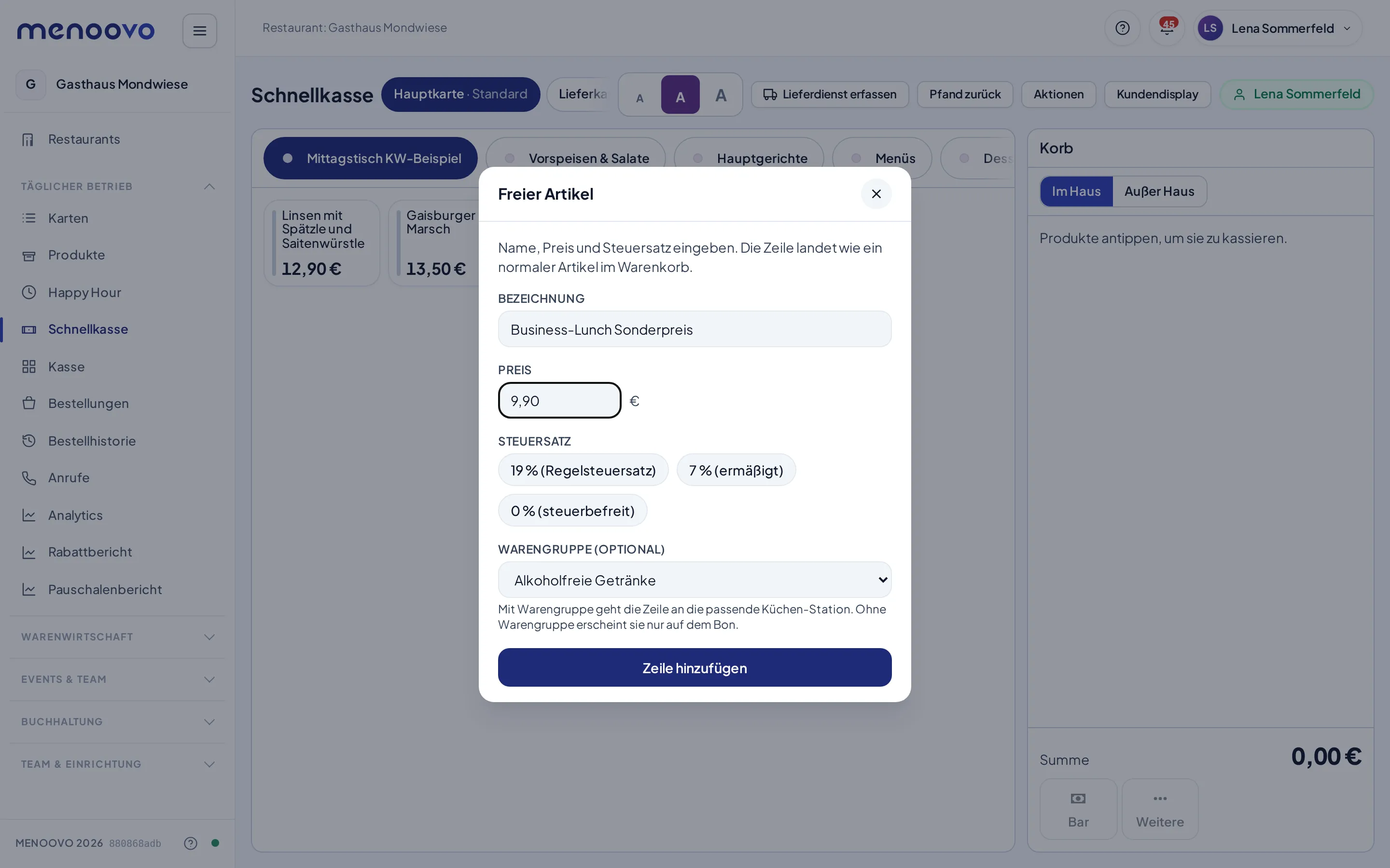 Der Dialog Freier Artikel mit Bezeichnung, Preis, Steuersatz und Warengruppe