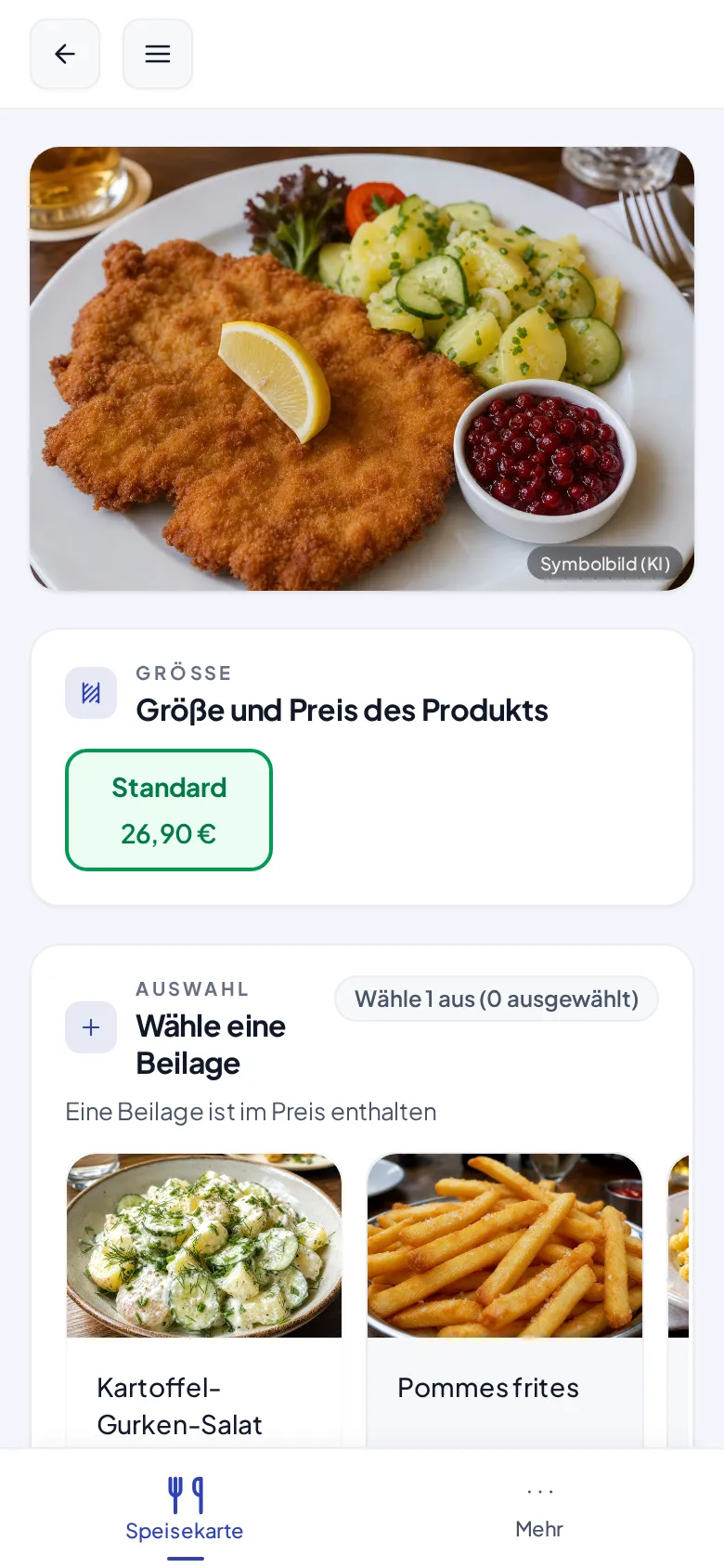 Die Gästeansicht des Wiener Schnitzels mit der Beilagen-Auswahl